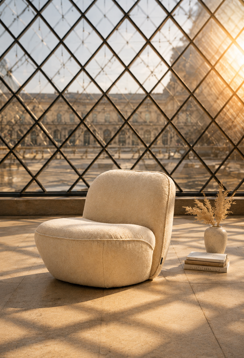 Fauteuil Louvre en tissu bouclette beige dans un espace contemporain aux matières minérales, lumière dorée et inspiration architecturale parisienne