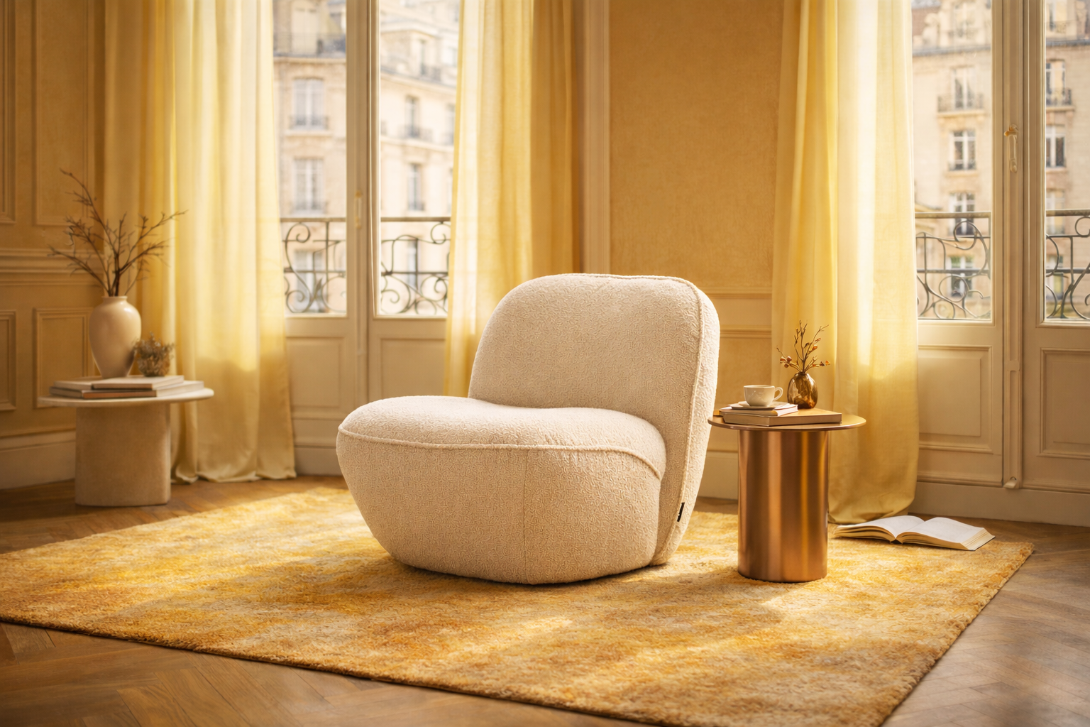 Fauteuil Louvre Paname Avenue dans un coin lecture d'un salon parisien chic et lumineux