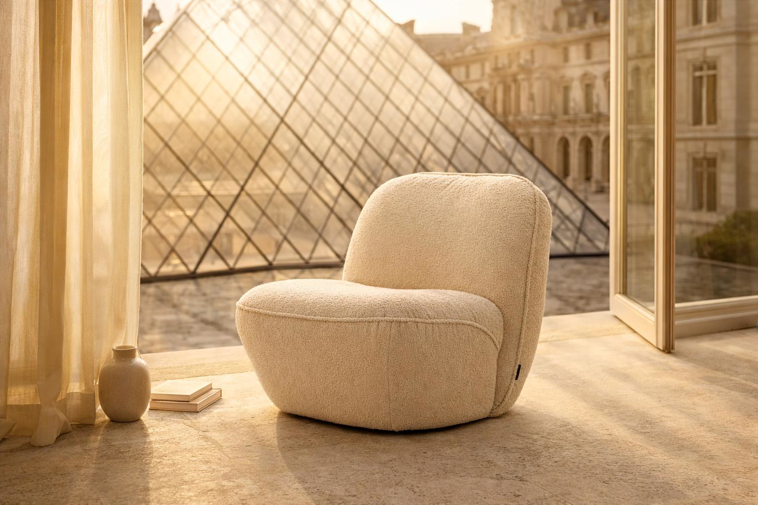 Fauteuil Louvre de Paname Avenue posé sur un sol en pierre, près d’une grande fenêtre ouverte. En arrière-plan, la pyramide de verre du Louvre et des bâtiments parisiens baignés de lumière dorée.