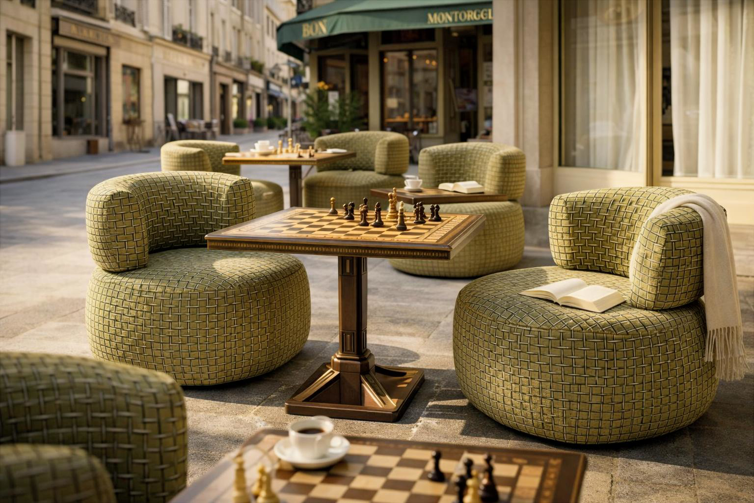 Fauteuils Montorgueil  placés en terrasse de café face à  des tables de jeu d'échecs à Paris.