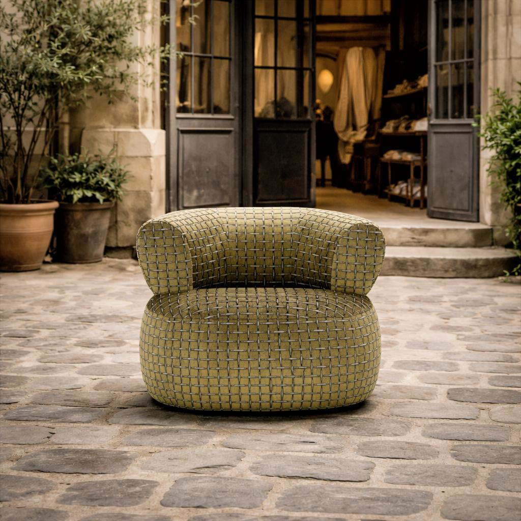 Fauteuil Montorgueil de la collection Sentier Paname Avenue devant  l'entrée d'une boutique ancienne de tissus.