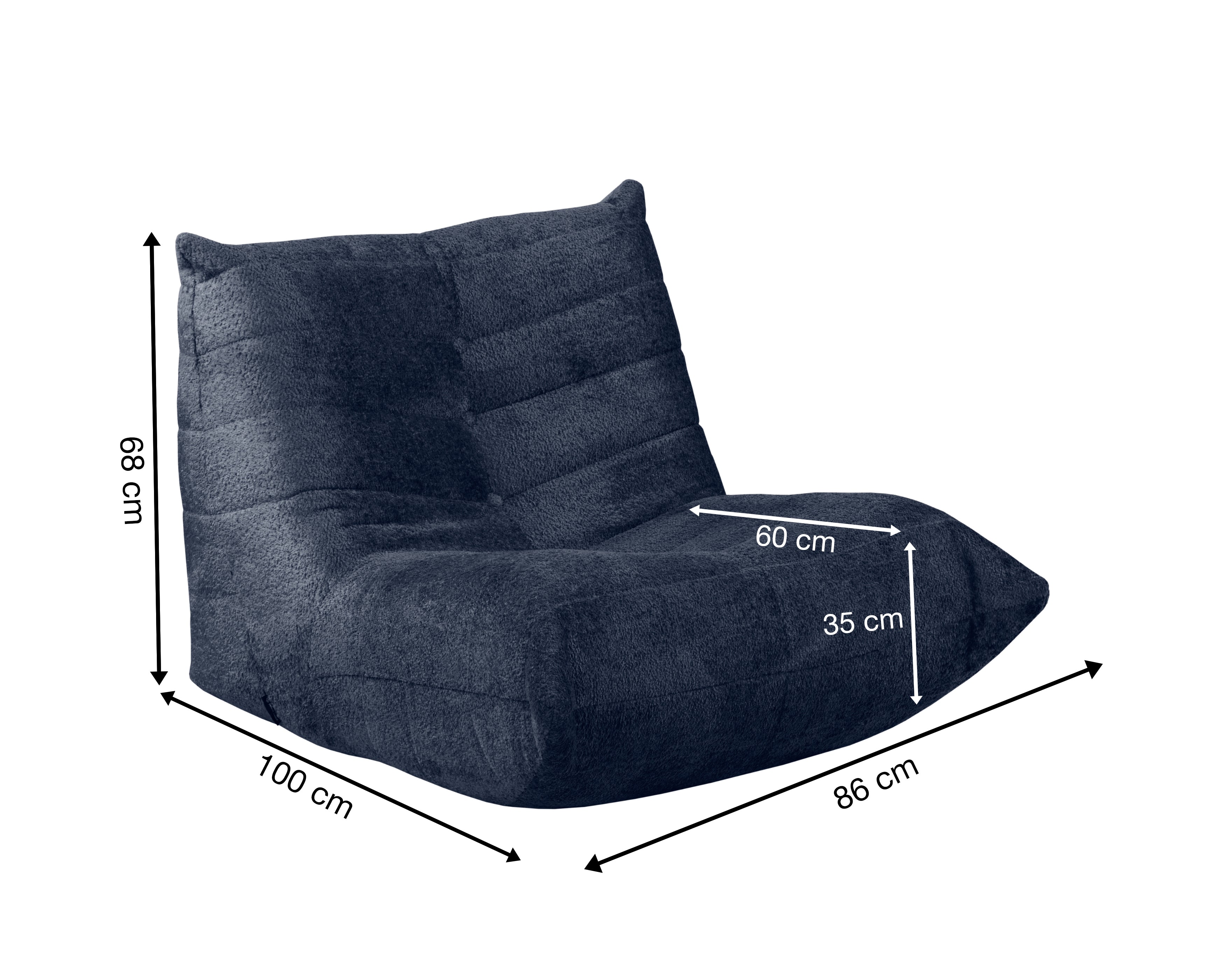 Fauteuil Moret en tissu chenille bleu Paname Avenue, schéma des dimensions