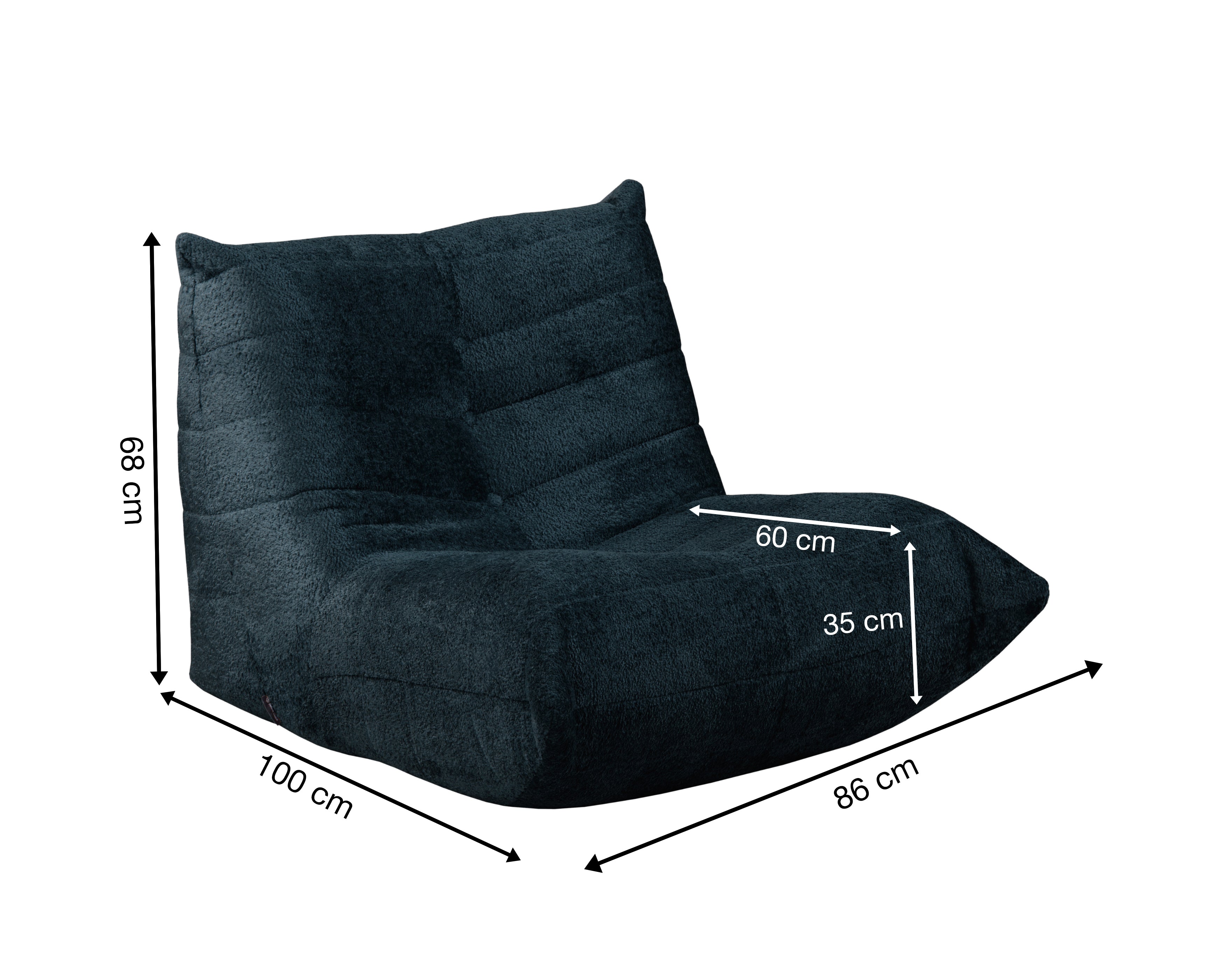 Fauteuil Moret en tissu chenille bleu foncé Paname Avenue, schéma des dimensions