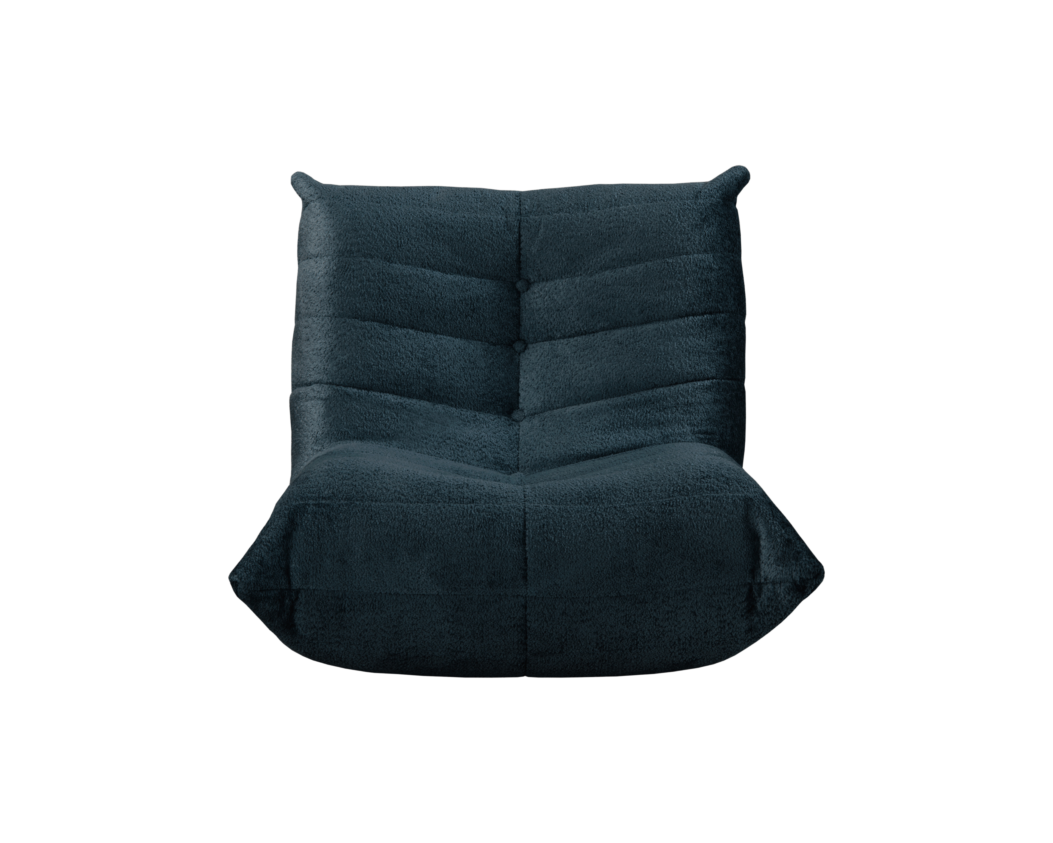 Fauteuil Moret en tissu chenille bleu foncé Paname Avenue, vue de face sur fond blanc
