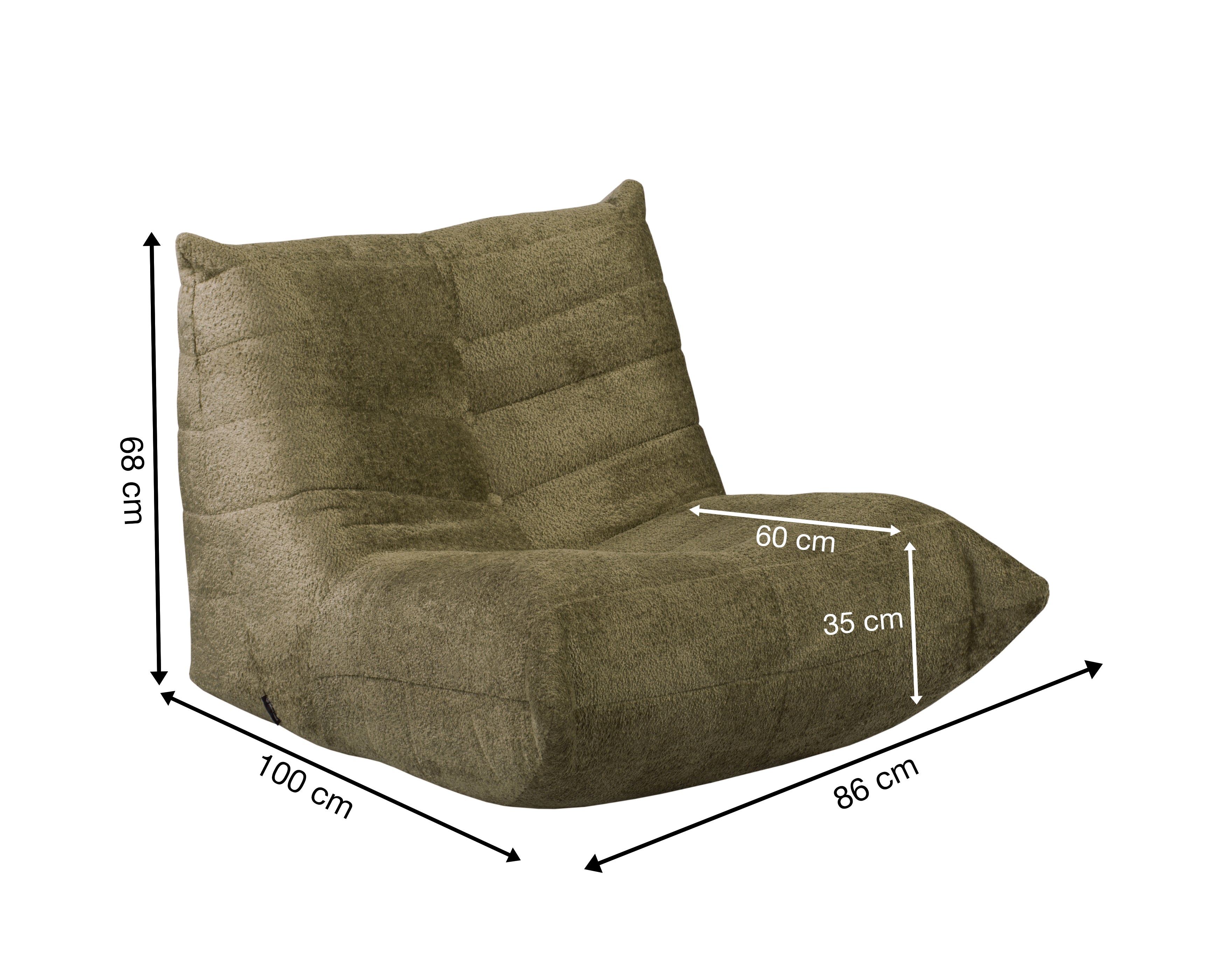 Fauteuil Moret en tissu chenille vert olive Paname Avenue, schéma des dimensions