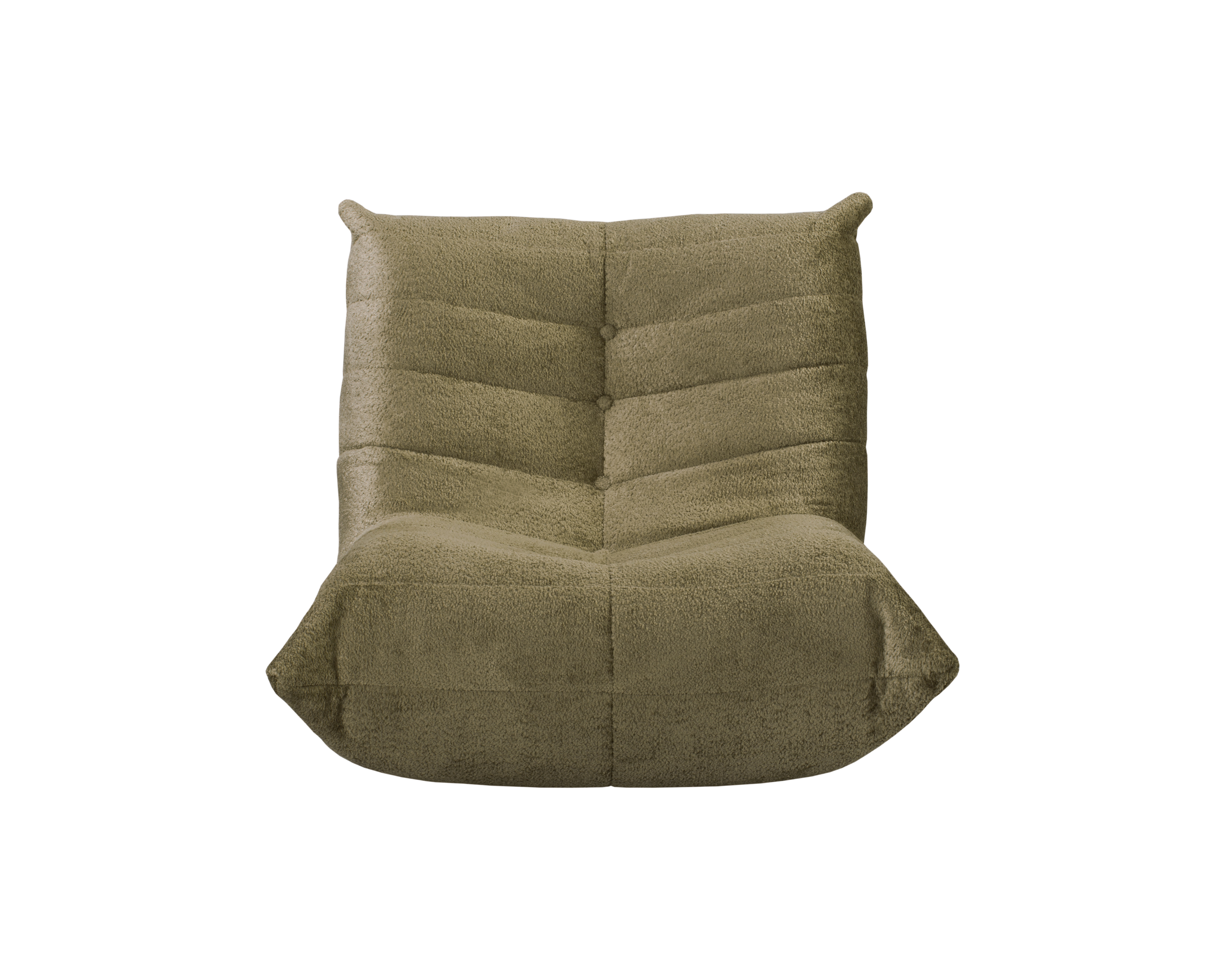 Fauteuil Moret en tissu chenille vert olive Paname Avenue, vue de face sur fond blanc