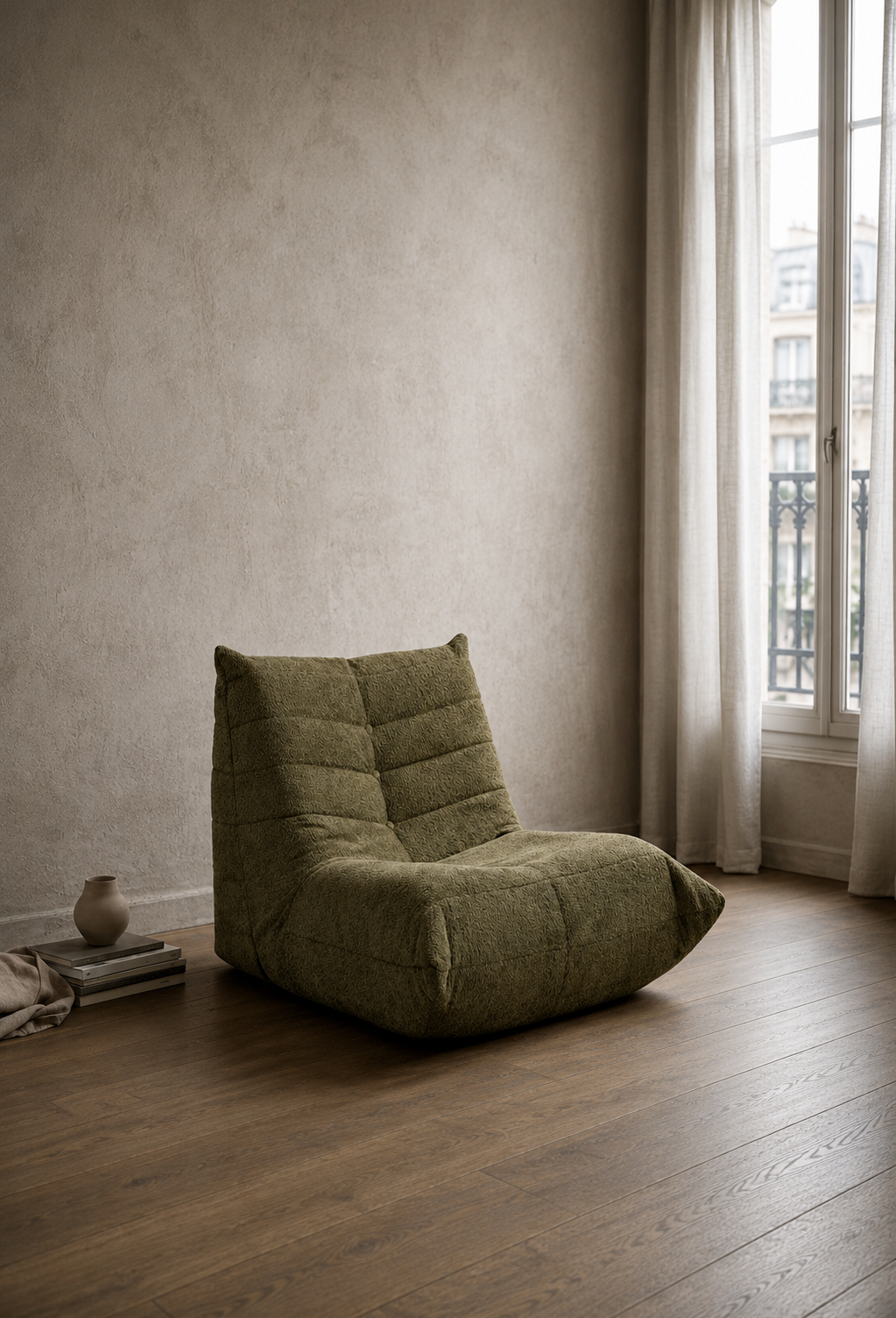 Fauteuil Moret en tissu chenille vert olive dans un intérieur minimaliste aux tons naturels avec parquet en bois et lumière douce