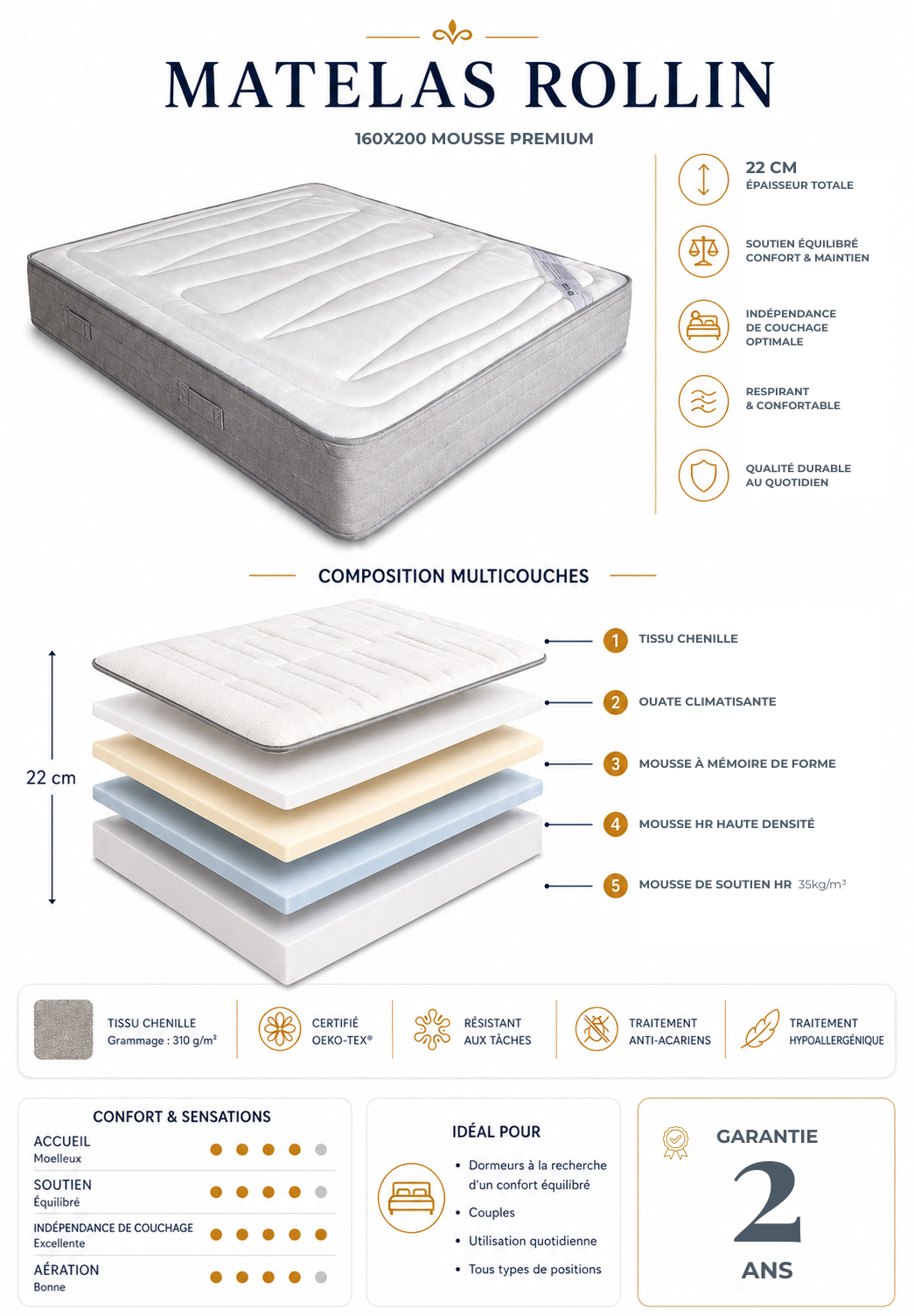 Matelas premium Rollin 160x200 22 cm fabrication française avec mousse mémoire de forme et mousse HR haute densité en composition multicouches pour un confort équilibré et un soutien durable