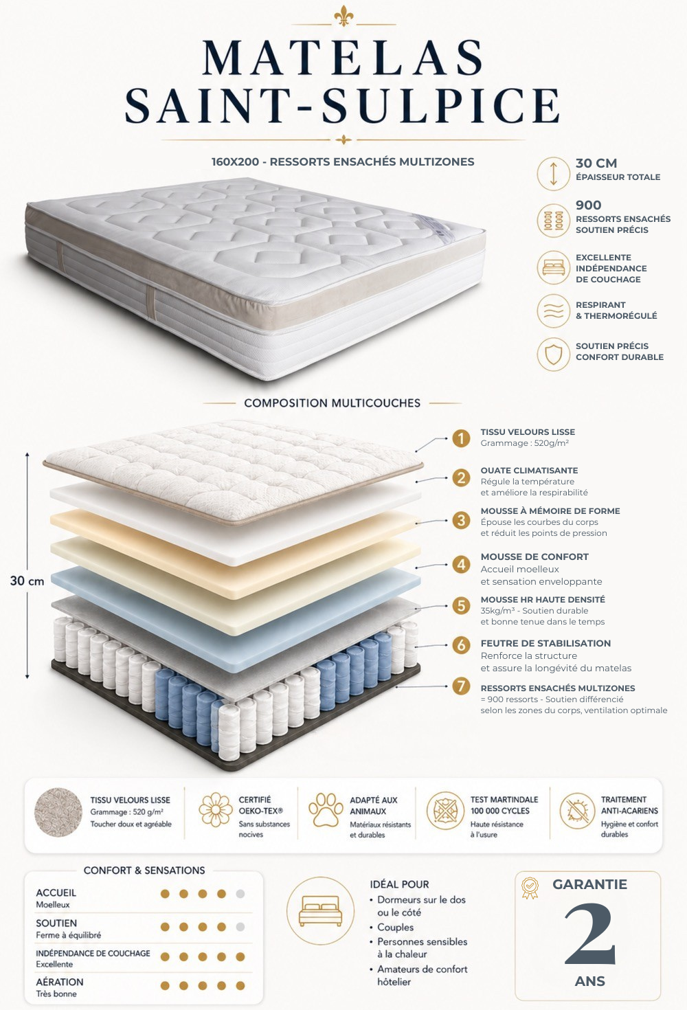Matelas premium Saint-Sulpice 160x200 30 cm fabrication française avec ressorts ensachés multizones et mousse mémoire de forme en composition multicouches pour un soutien précis et un confort durable