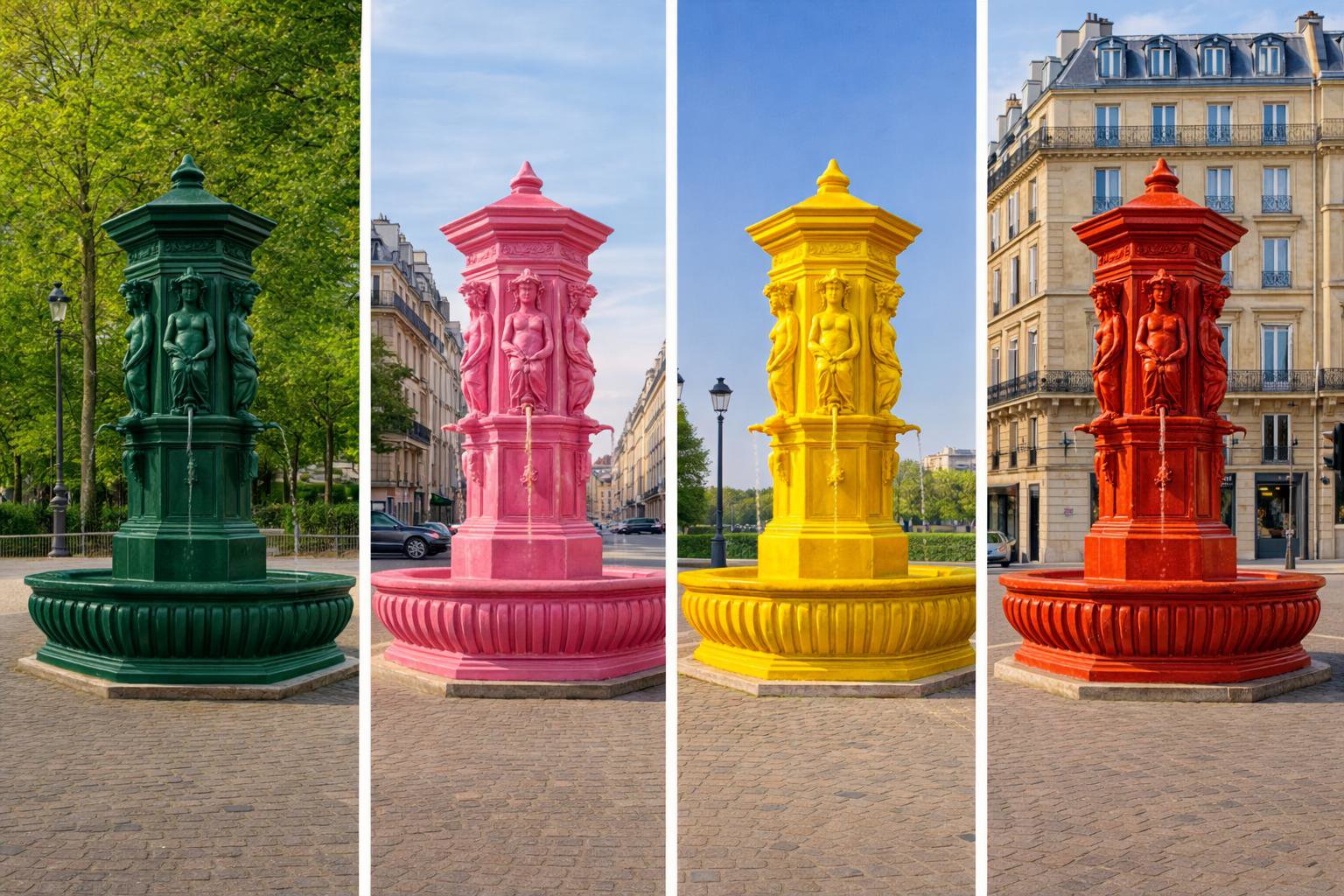 Fontaines Wallace à Paris déclinées en plusieurs couleurs