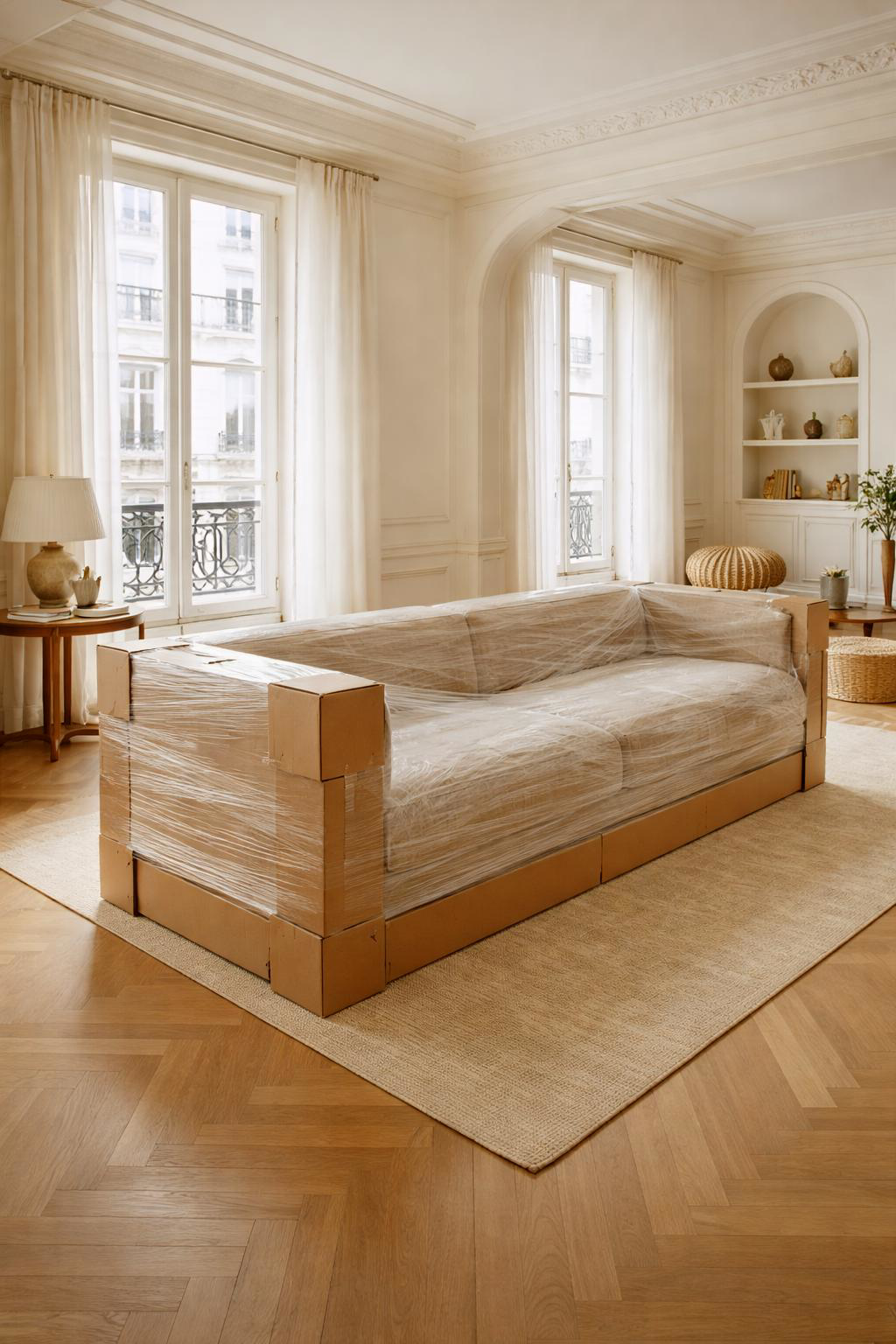 Intérieur parisien lumineux  avec canapé emballé en milieu de pièce