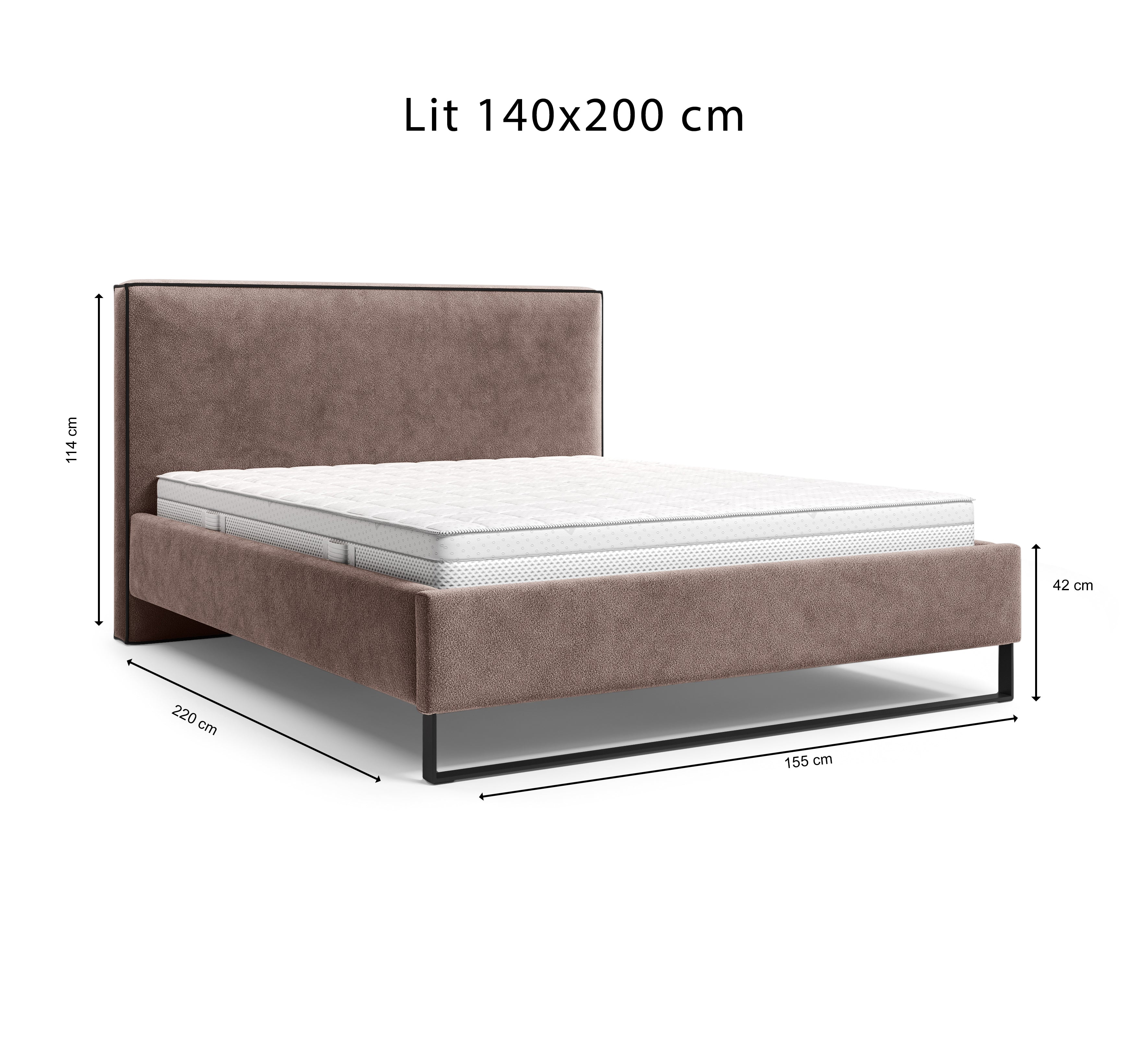 Lit Debelleyme 140x200 en tissu chenille rose Paname Avenue, schéma des dimensions du lit