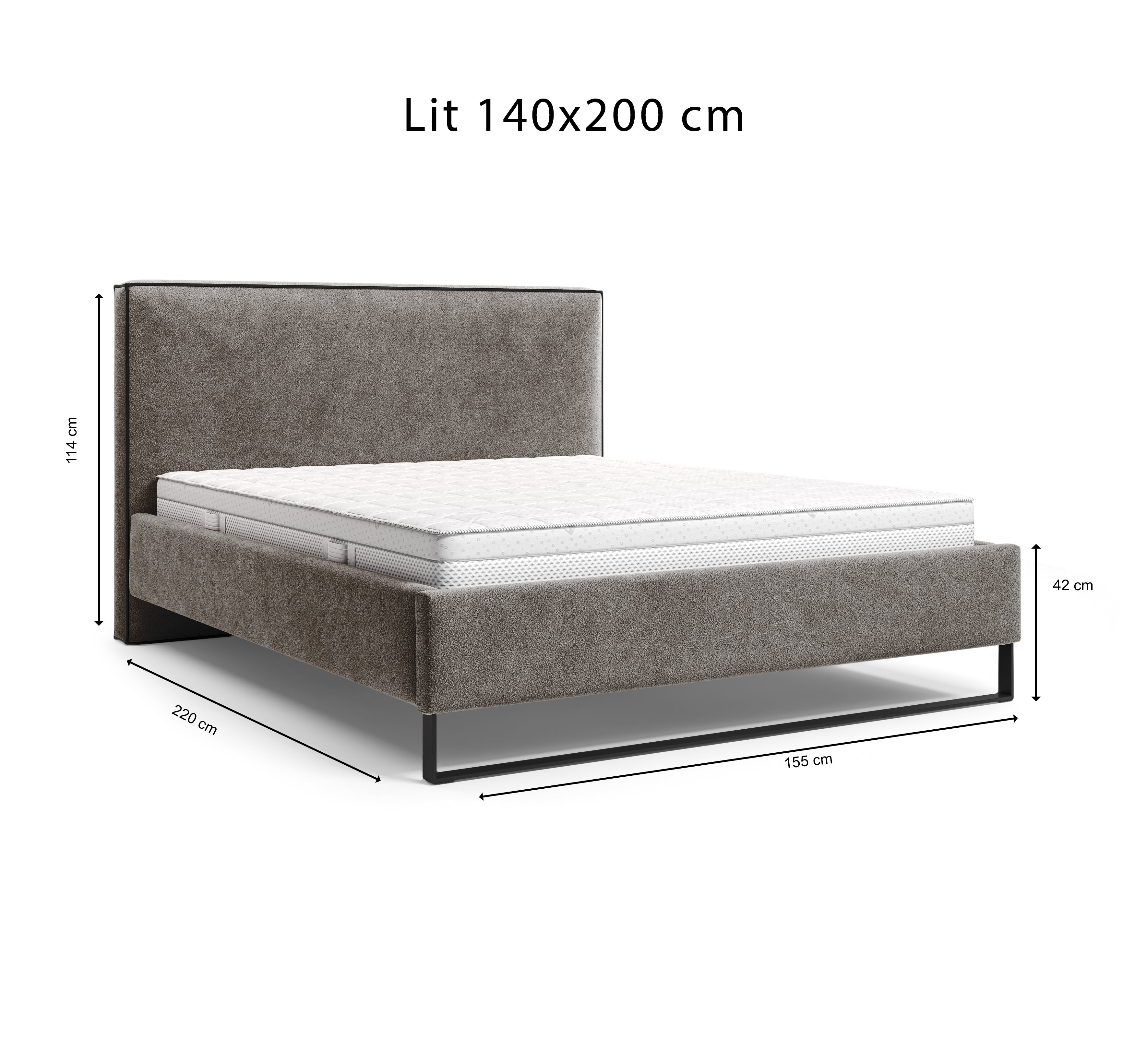 Lit Debelleyme 140x200 en tissu chenille taupe Paname Avenue, schéma des dimensions du lit