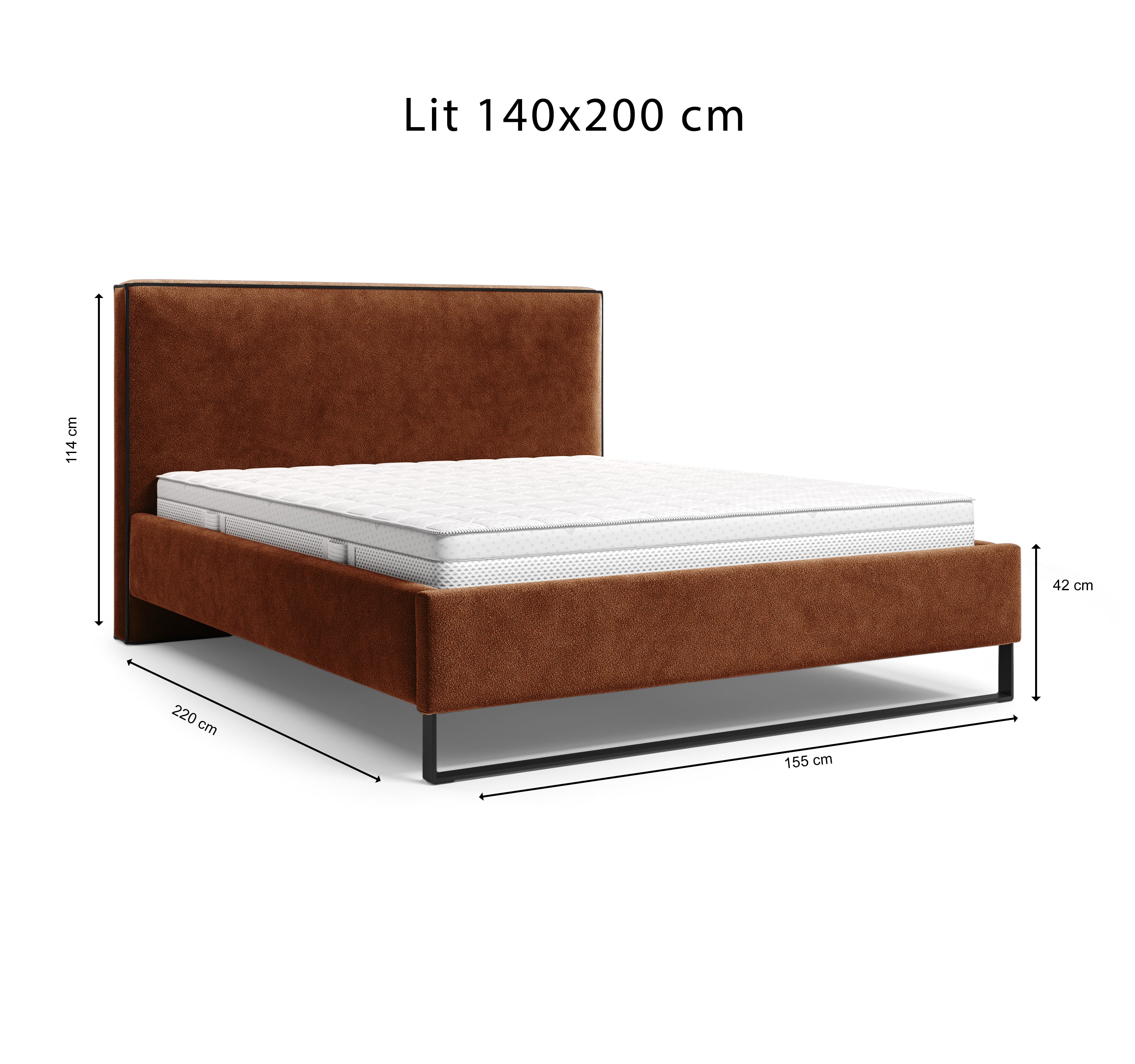 Lit Debelleyme 140x200 en tissu chenille terracotta Paname Avenue, schéma des dimensions du lit
