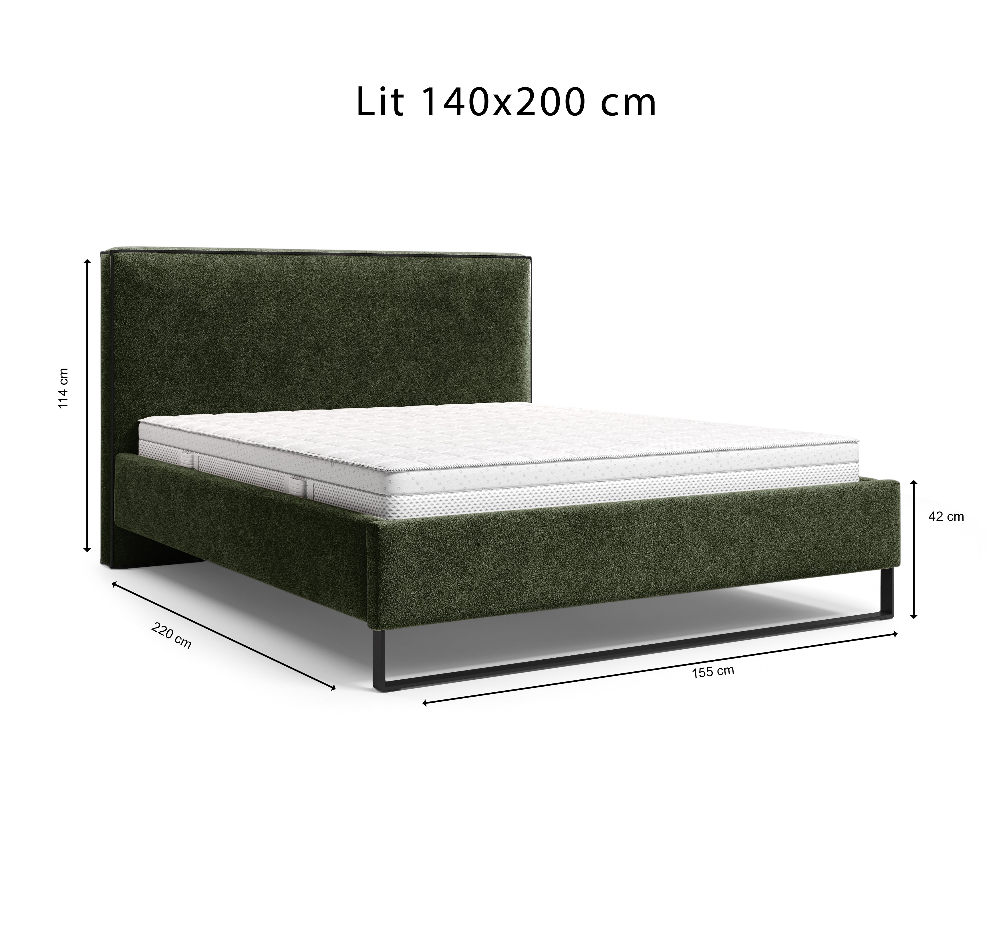 Lit Debelleyme 140x200 en tissu chenille vert Paname Avenue, schéma des dimensions du lit