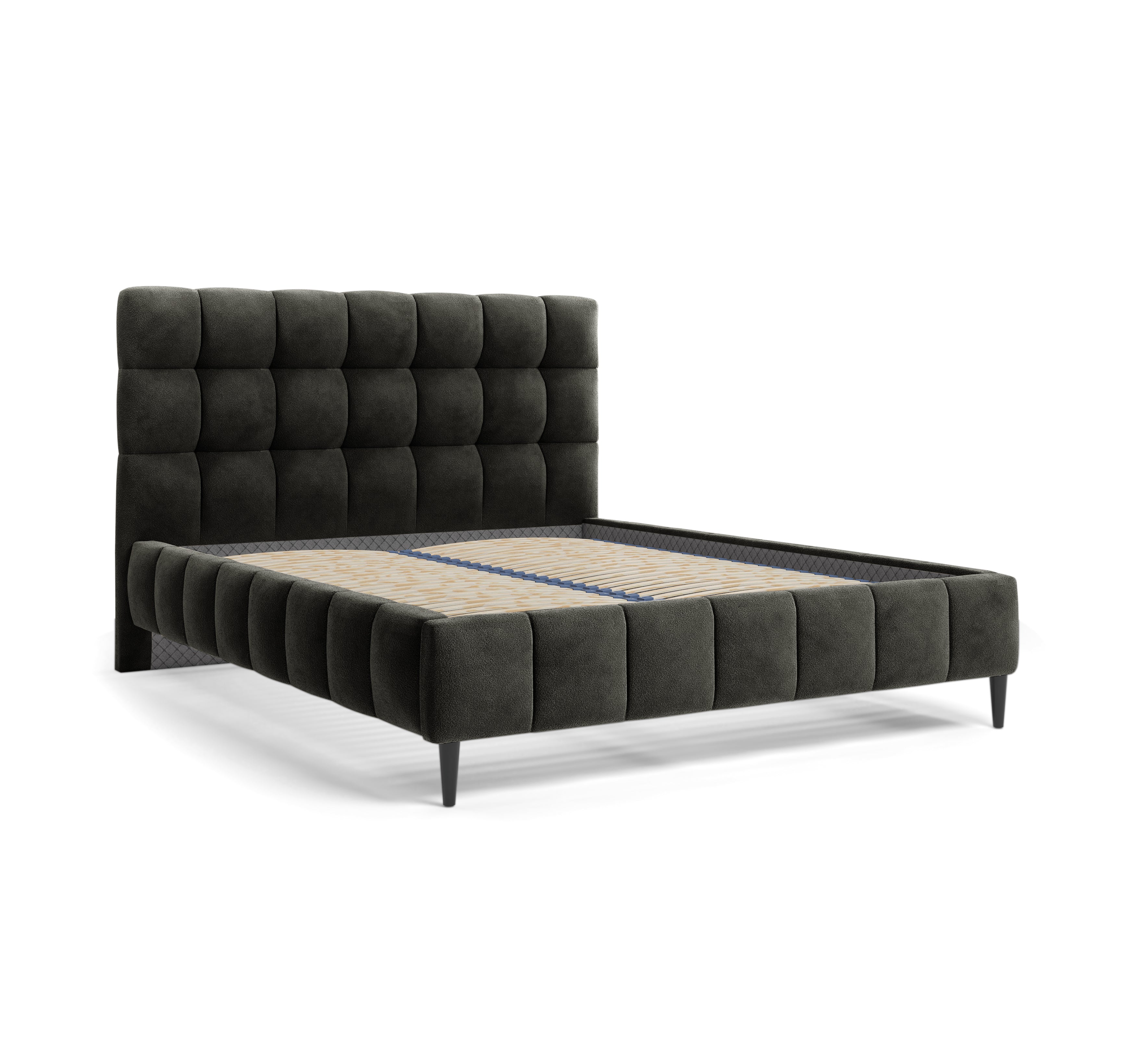 Lit Jacob 140x200 en tissu chenille anthracite Paname Avenue, vue trois-quarts sans matelas sur fond blanc
