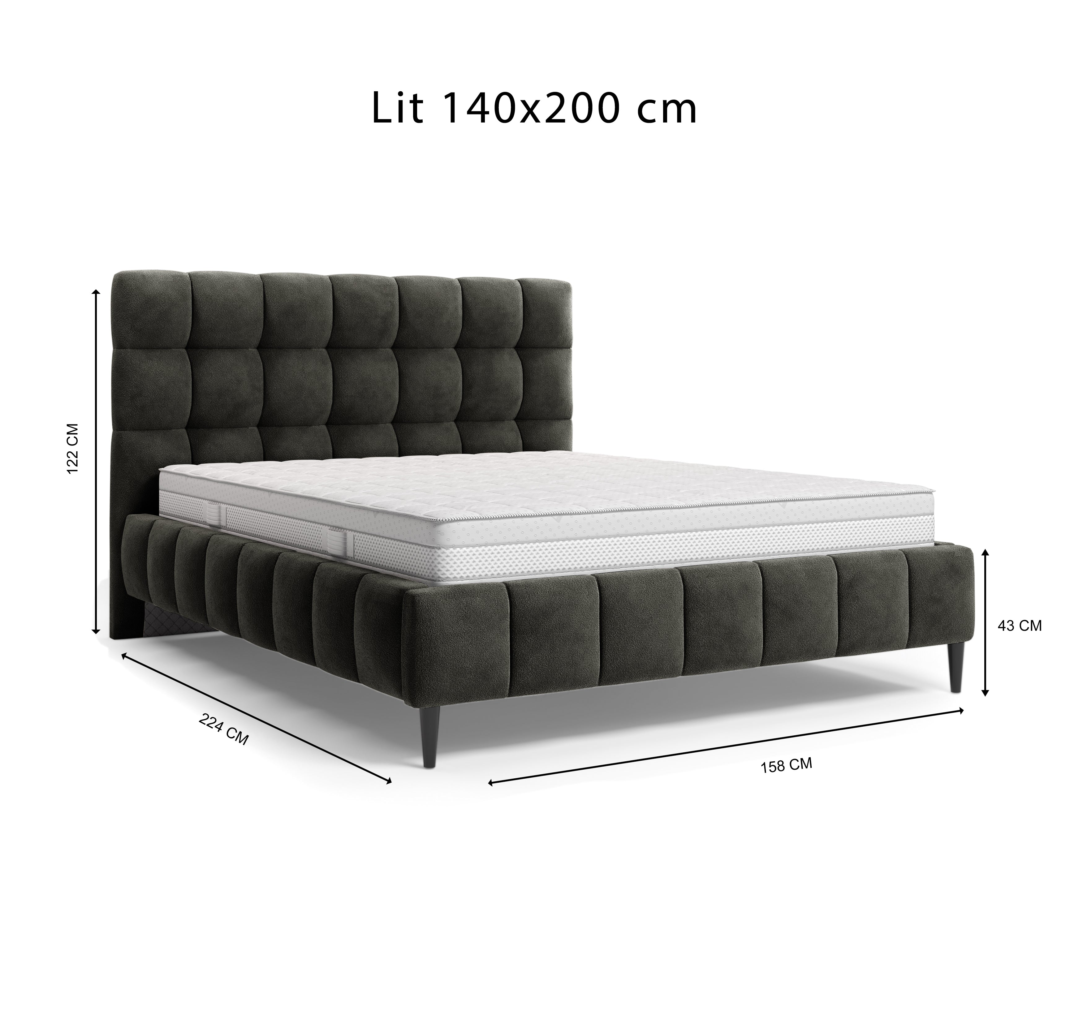 Lit Jacob 140x200 en tissu chenille anthracite Paname Avenue, schéma des dimensions du lit