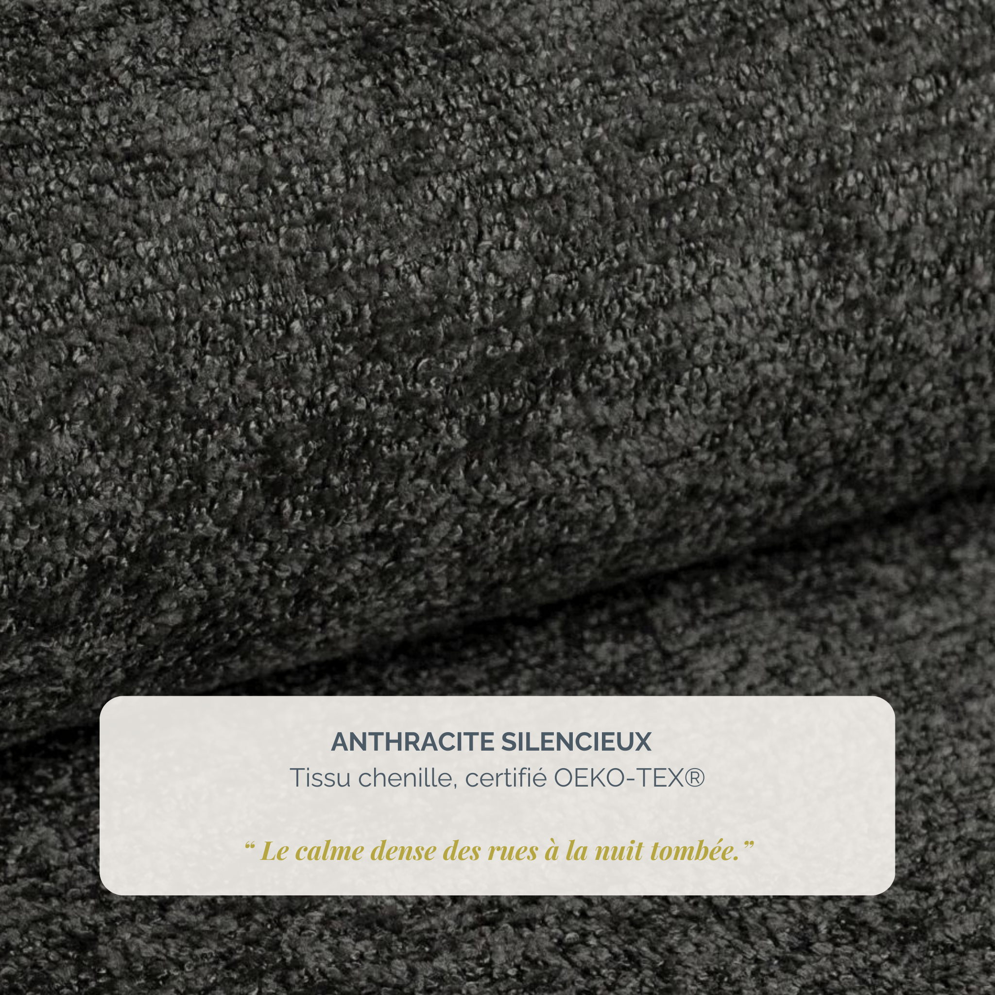 Lit Jacob 140x200 en tissu chenille anthracite Paname Avenue, détail de la texture du revêtement