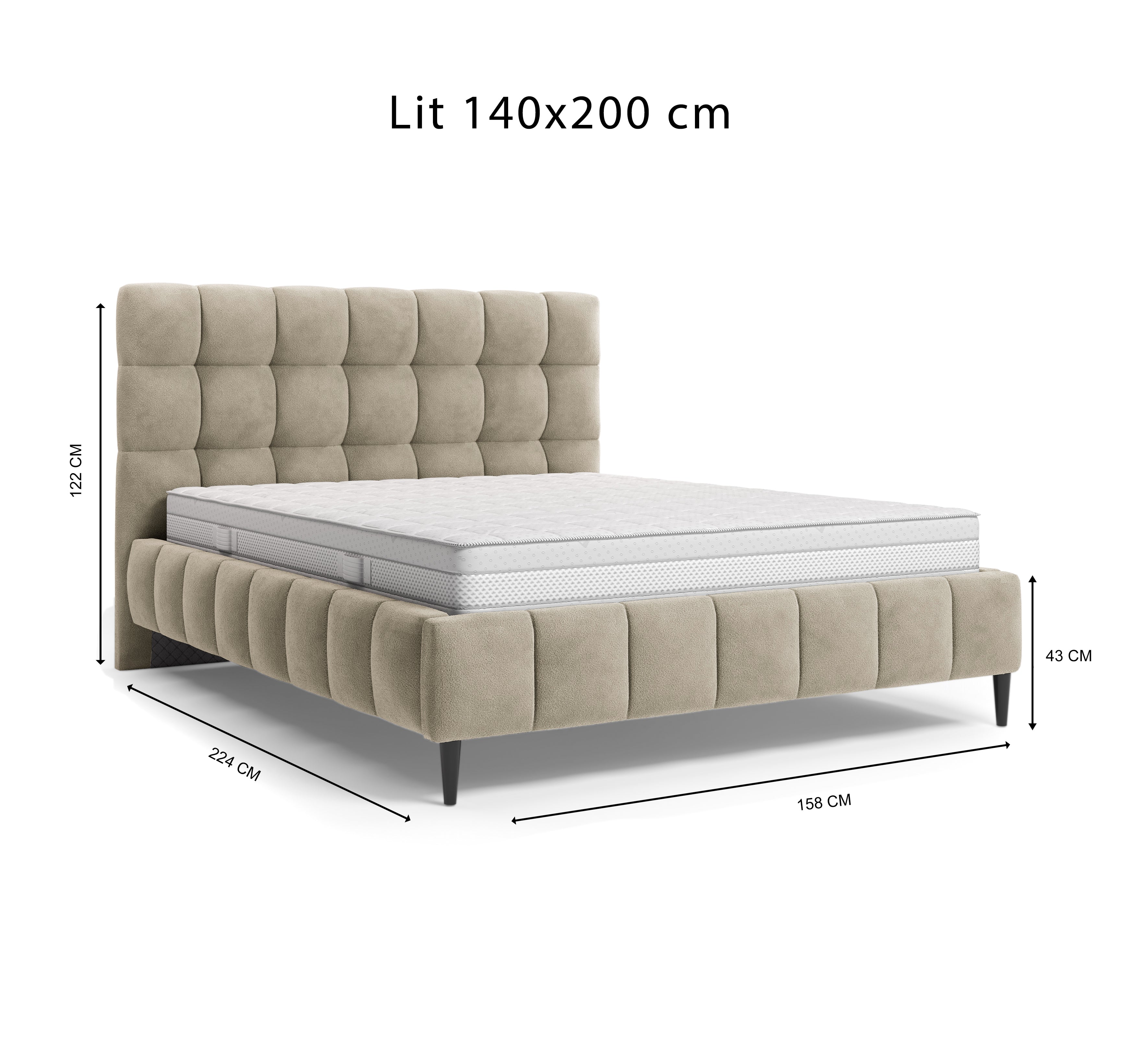 Lit Jacob 140x200 en tissu chenille beige Paname Avenue, schéma des dimensions du lit