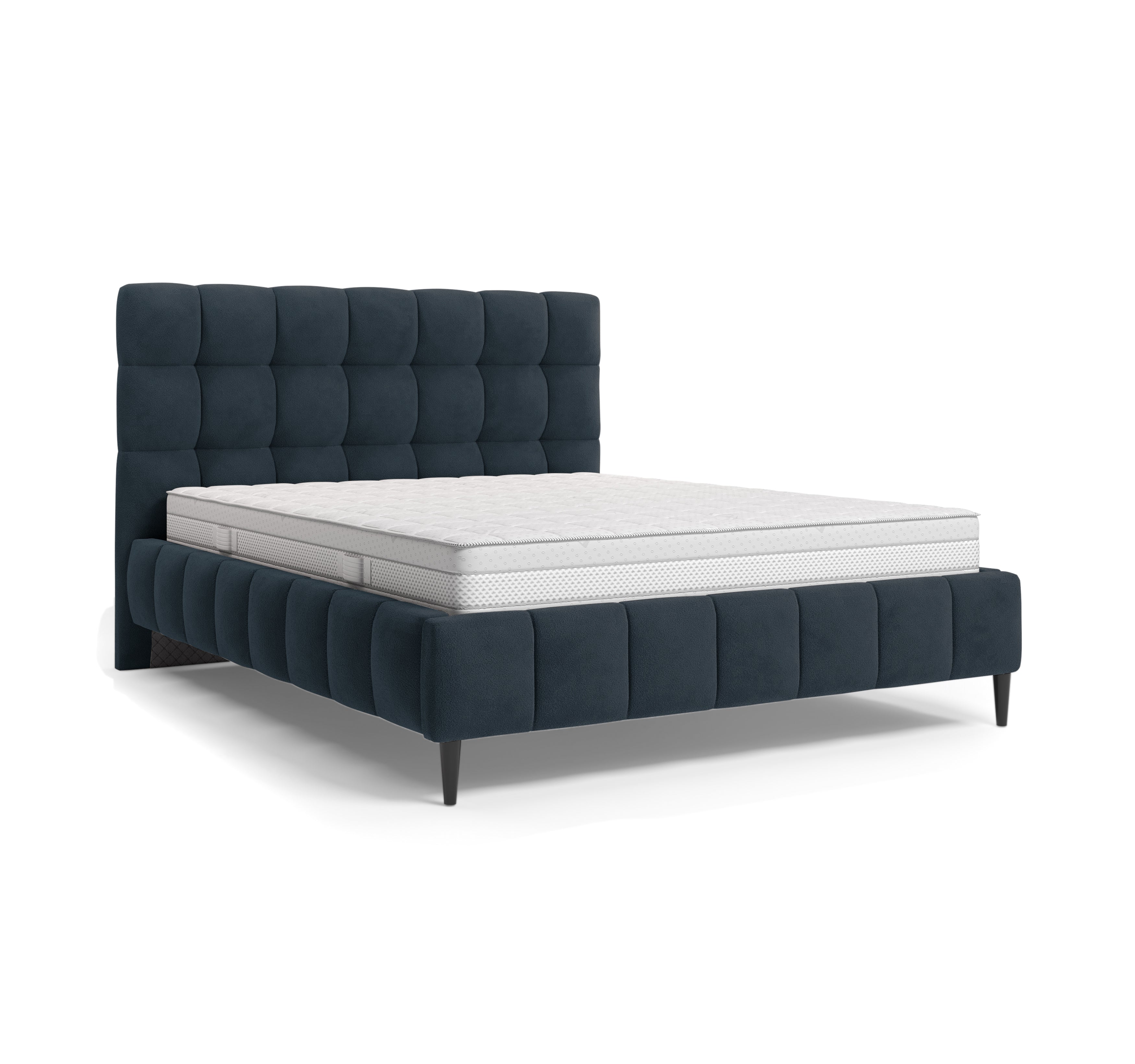 Lit Jacob 140x200 en tissu chenille bleu Paname Avenue, vue trois-quarts sur fond blanc