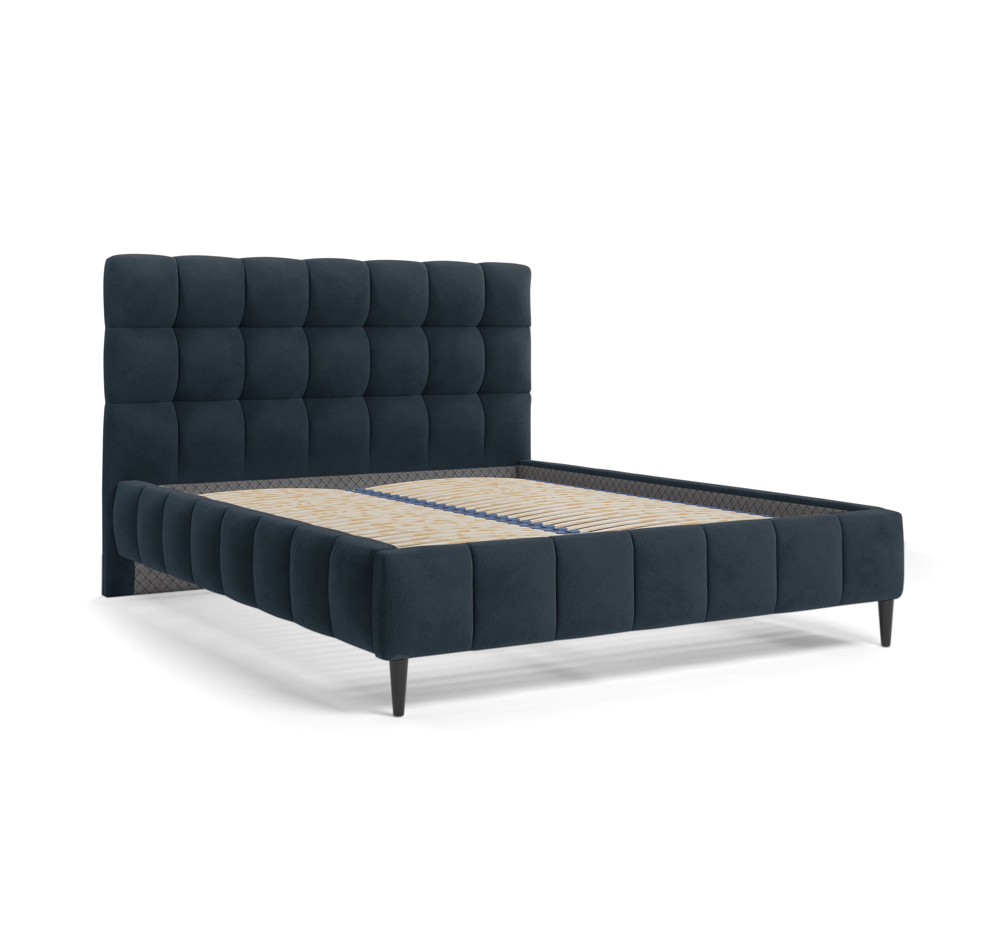 Lit Jacob 140x200 en tissu chenille bleu Paname Avenue, vue trois-quarts sans matelas sur fond blanc