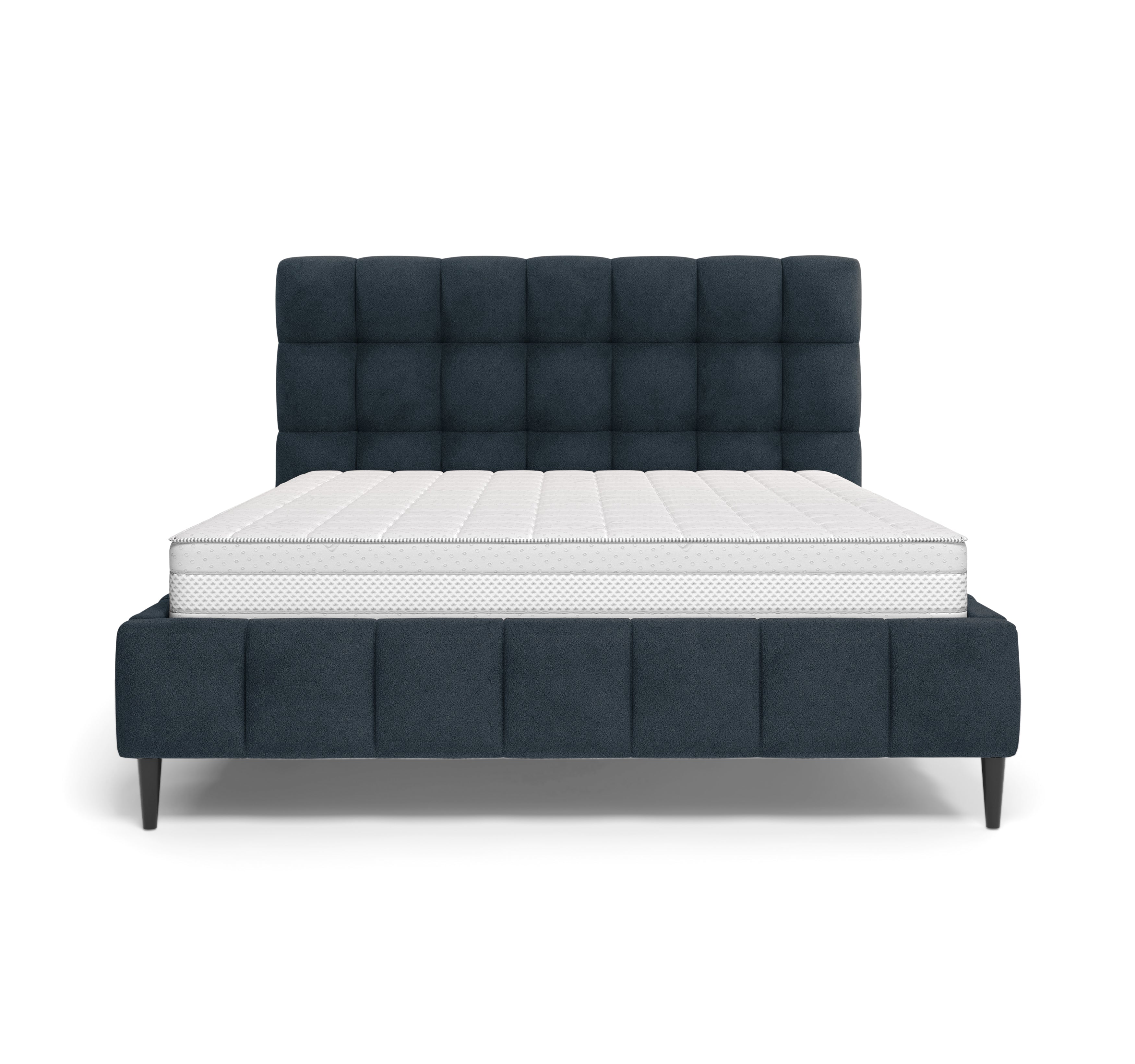 Lit Jacob 140x200 en tissu chenille bleu Paname Avenue, vue de face sur fond blanc