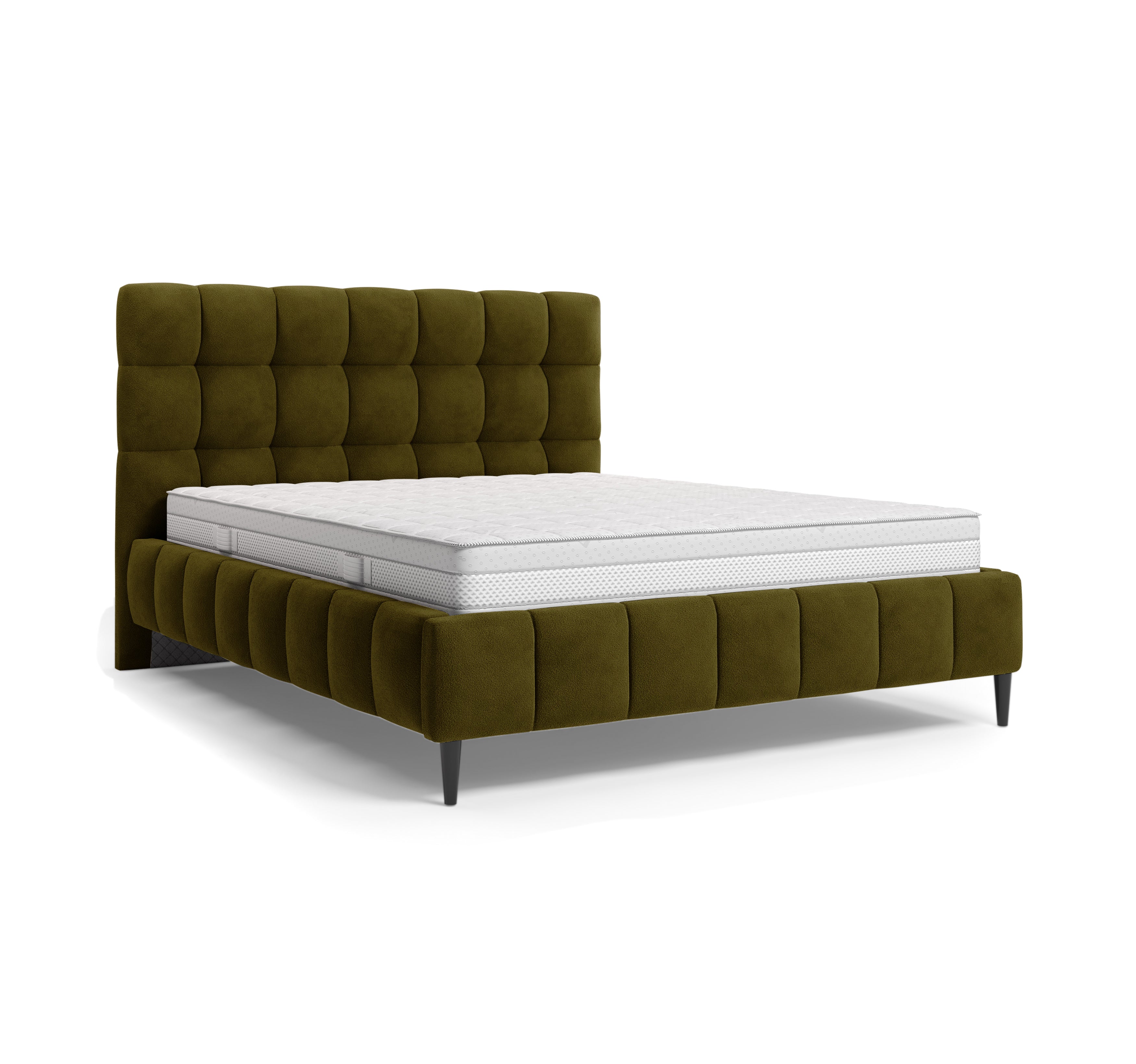 Lit Jacob 140x200 en tissu chenille kaki Paname Avenue, vue trois-quarts sur fond blanc