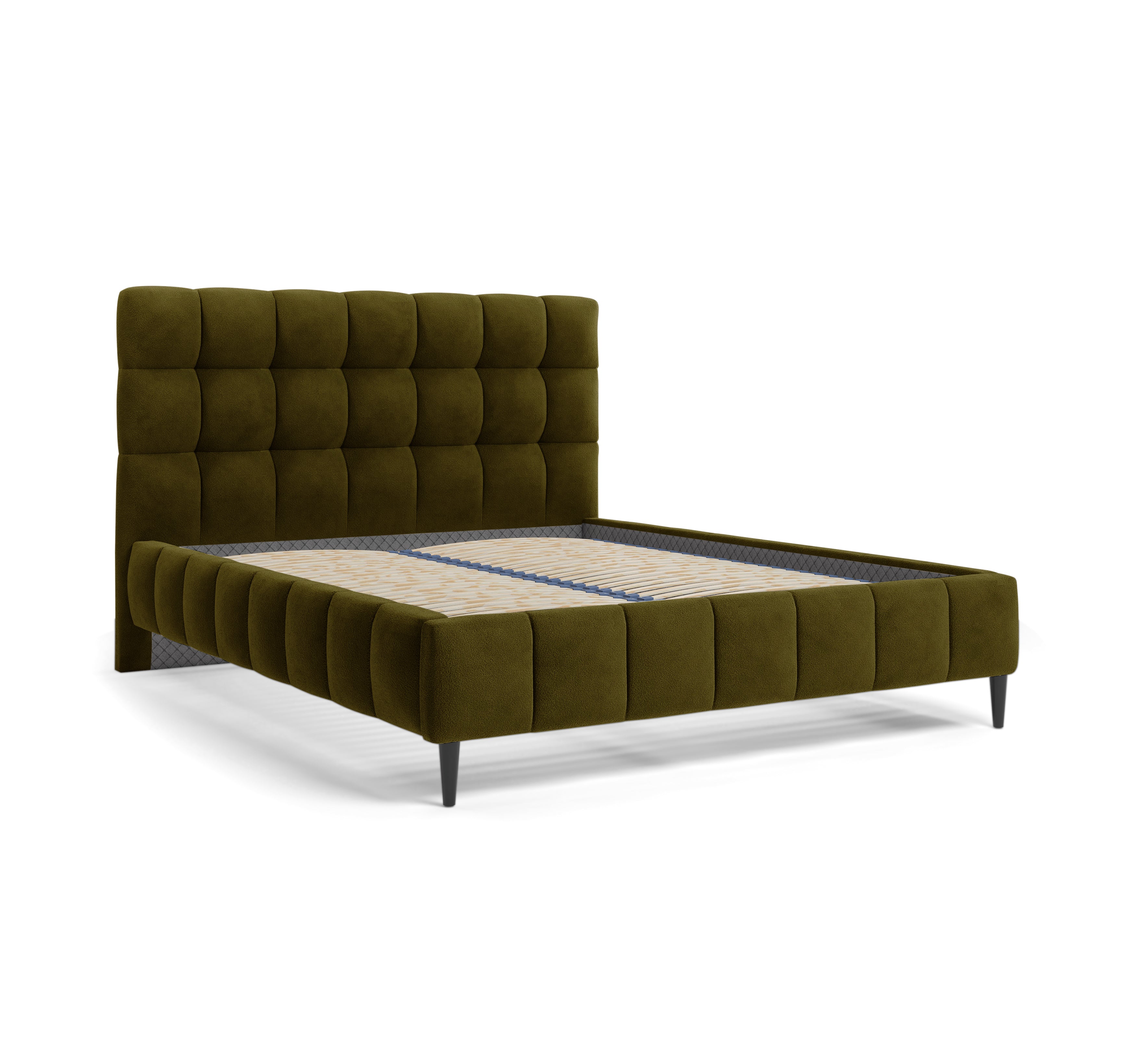 Lit Jacob 140x200 en tissu chenille kaki Paname Avenue, vue trois-quarts sans matelas sur fond blanc