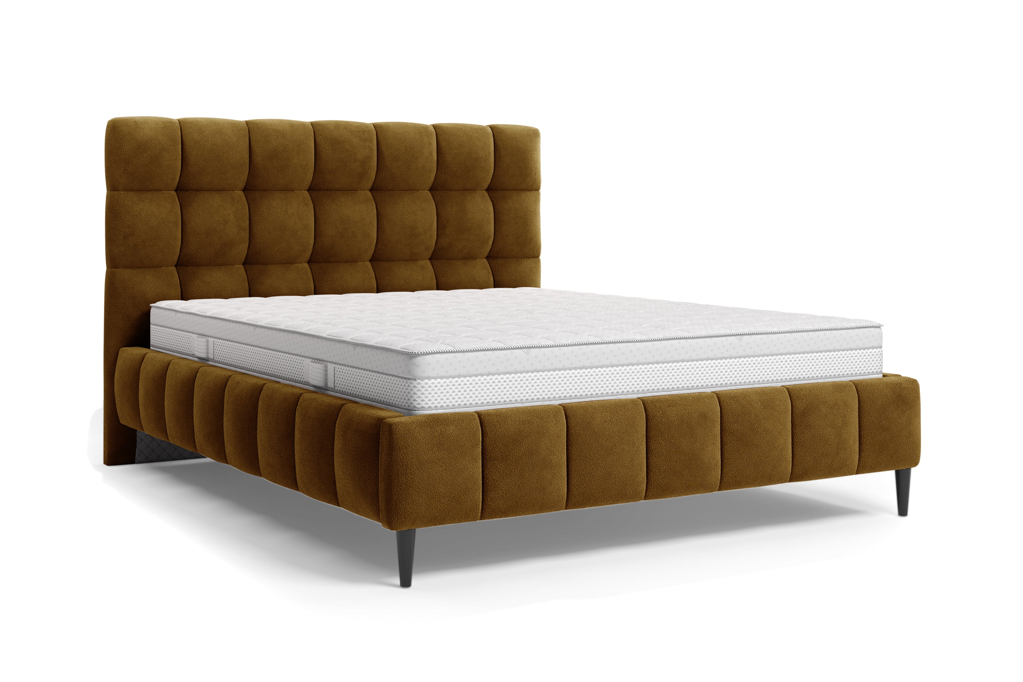 Lit Jacob 140x200 en tissu chenille moutarde Paname Avenue, vue trois-quarts sur fond blanc