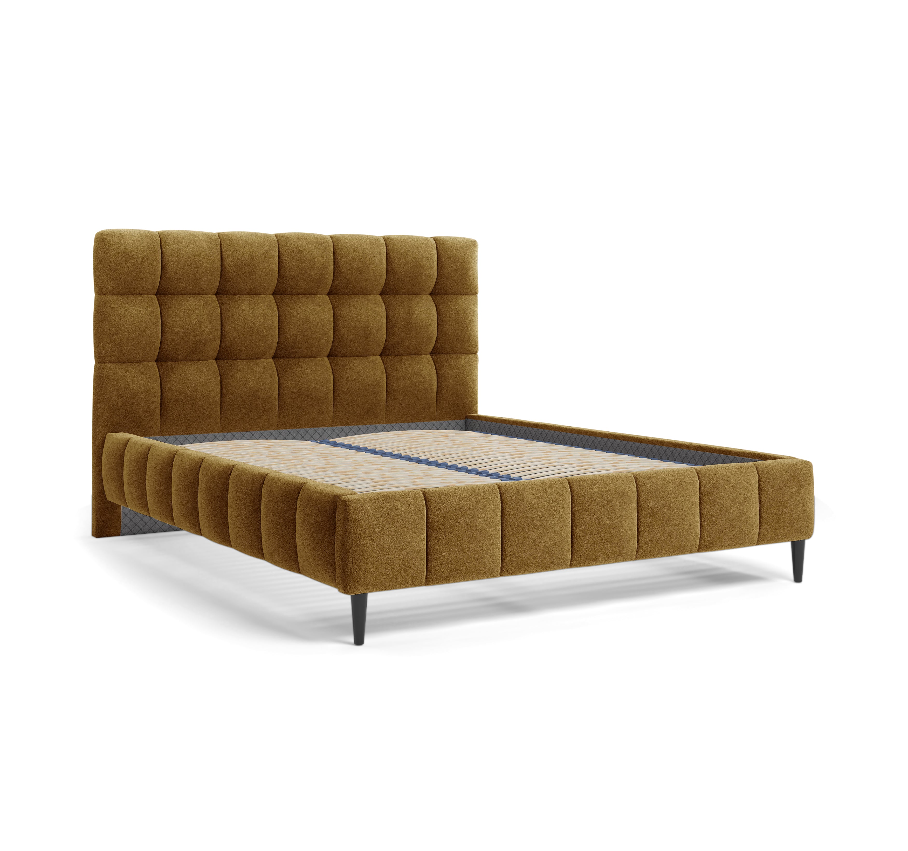 Lit Jacob 140x200 en tissu chenille moutarde Paname Avenue, vue trois-quarts sans matelas sur fond blanc