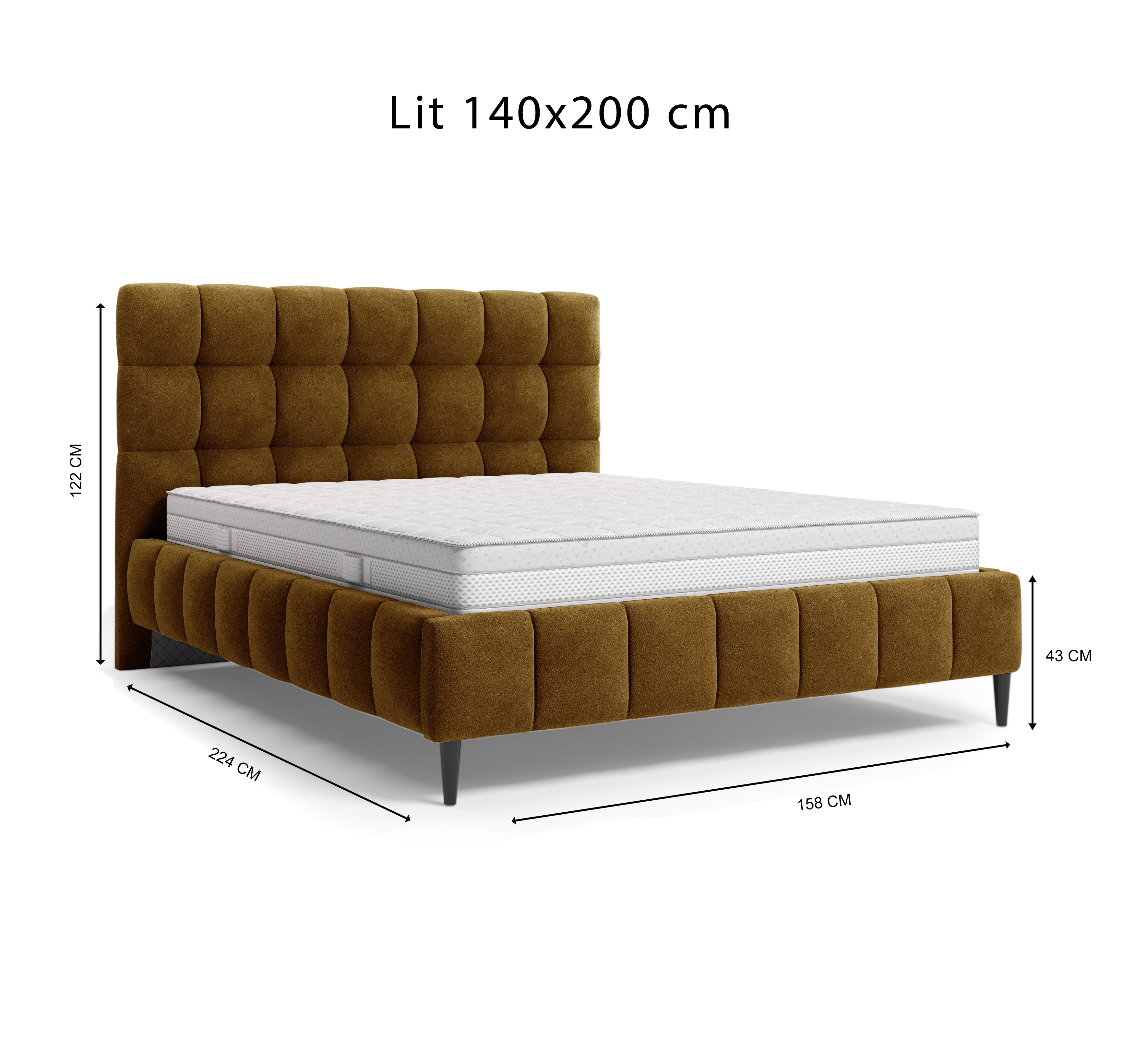 Lit Jacob 140x200 en tissu chenille moutarde Paname Avenue, schéma des dimensions du lit
