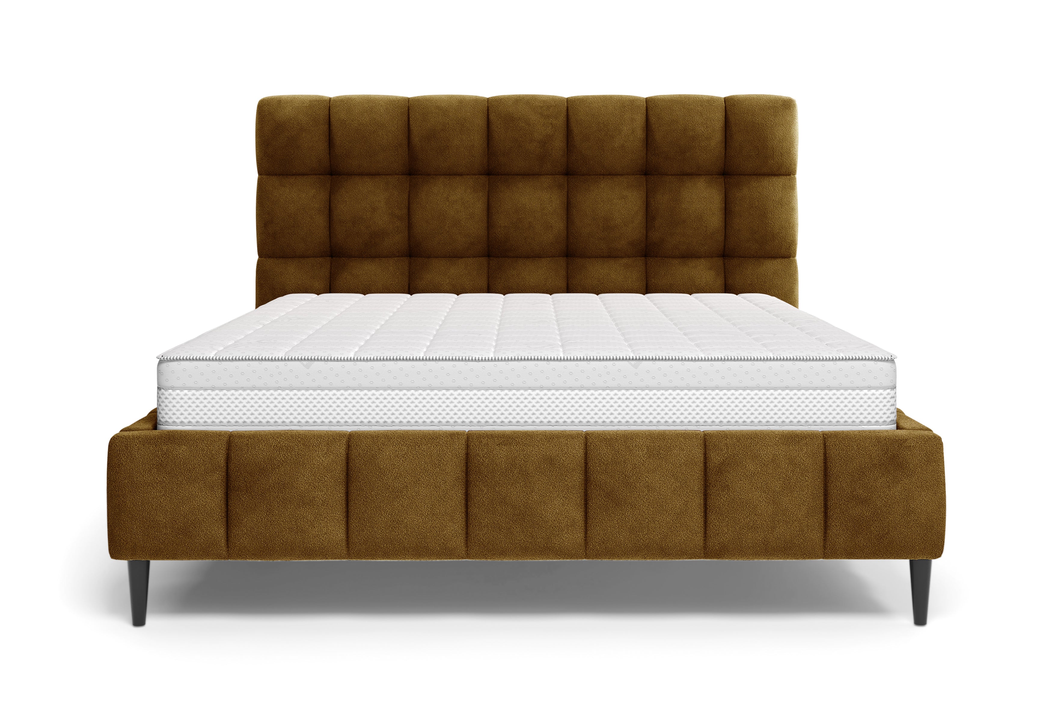 Lit Jacob 140x200 en tissu chenille moutarde Paname Avenue, vue de face sur fond blanc