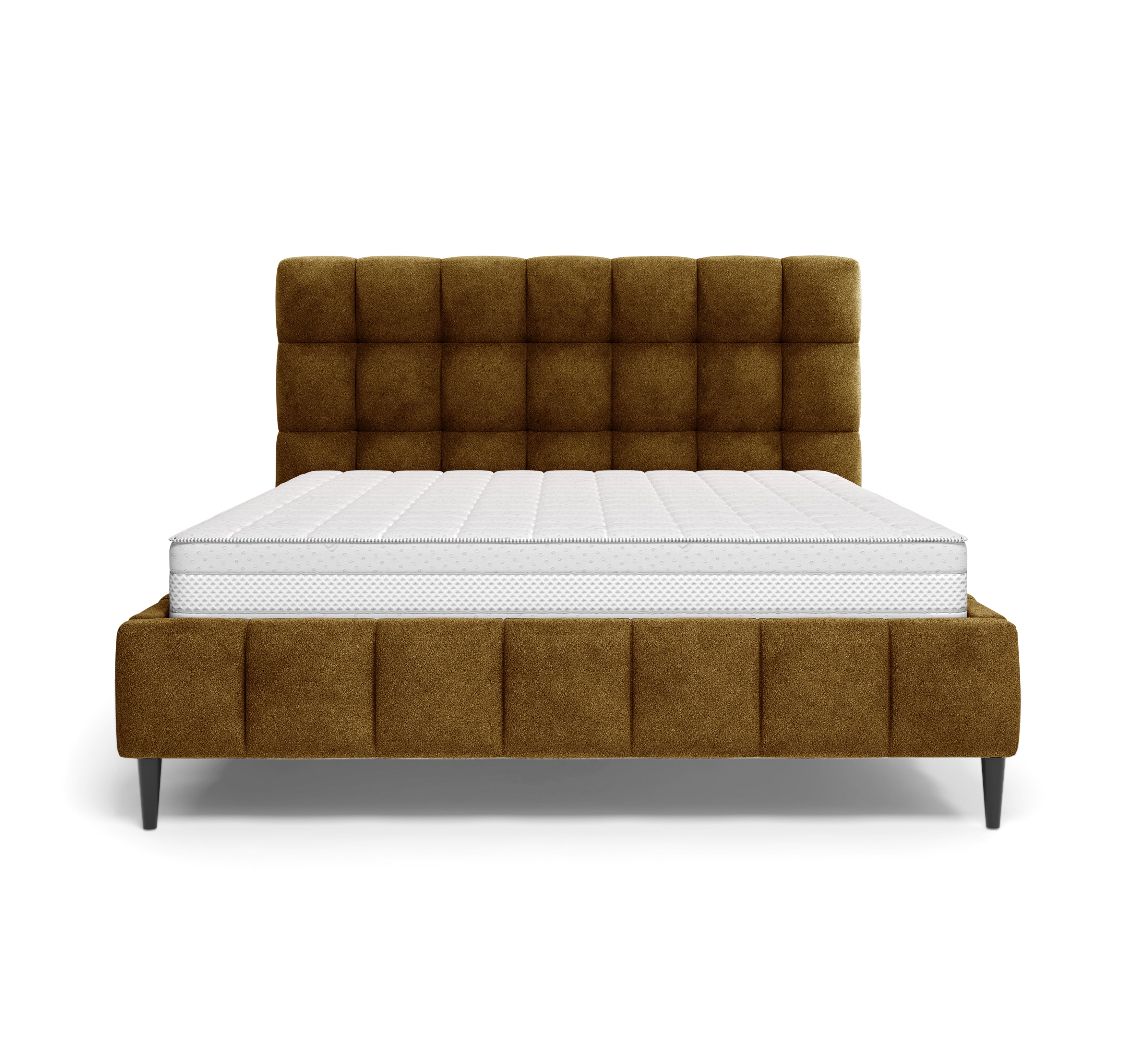 Lit Jacob 140x200 en tissu chenille moutarde Paname Avenue, vue de face sur fond blanc
