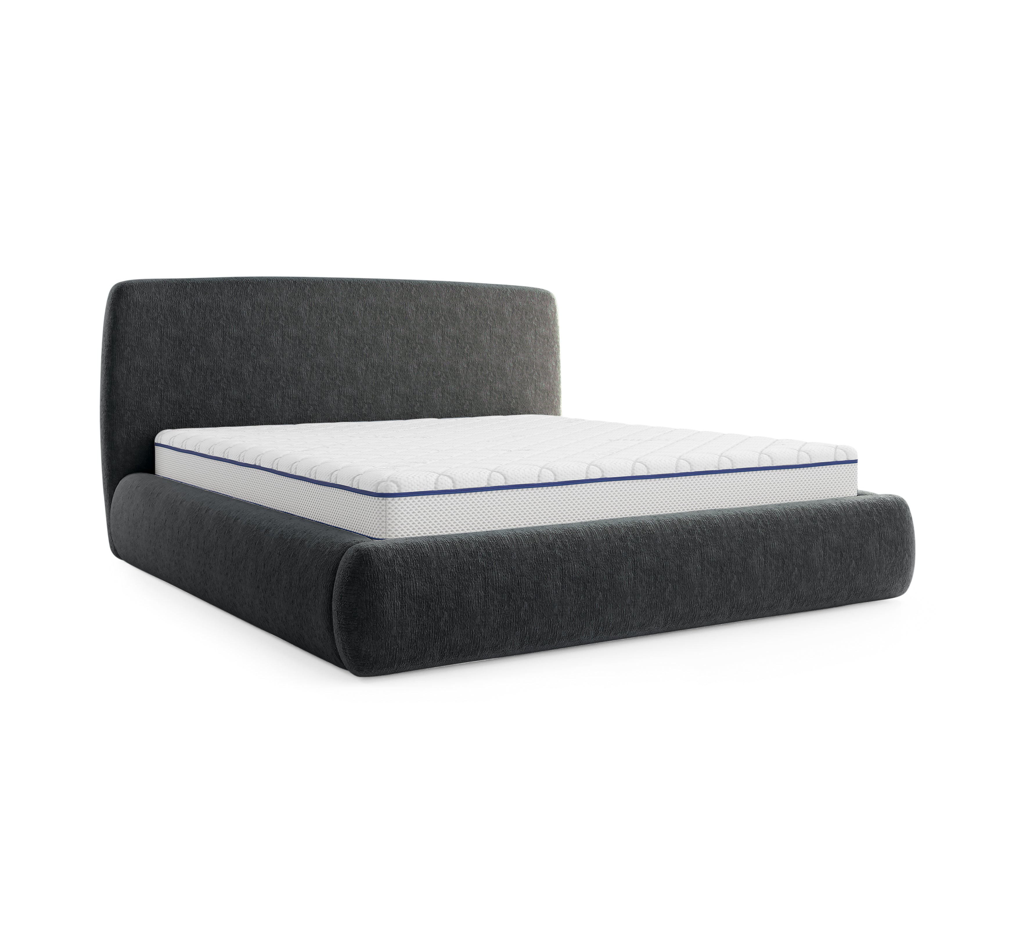 Lit Jeûneurs 140x200 en tissu chenille anthracite Paname Avenue, vue trois-quarts sur fond blanc