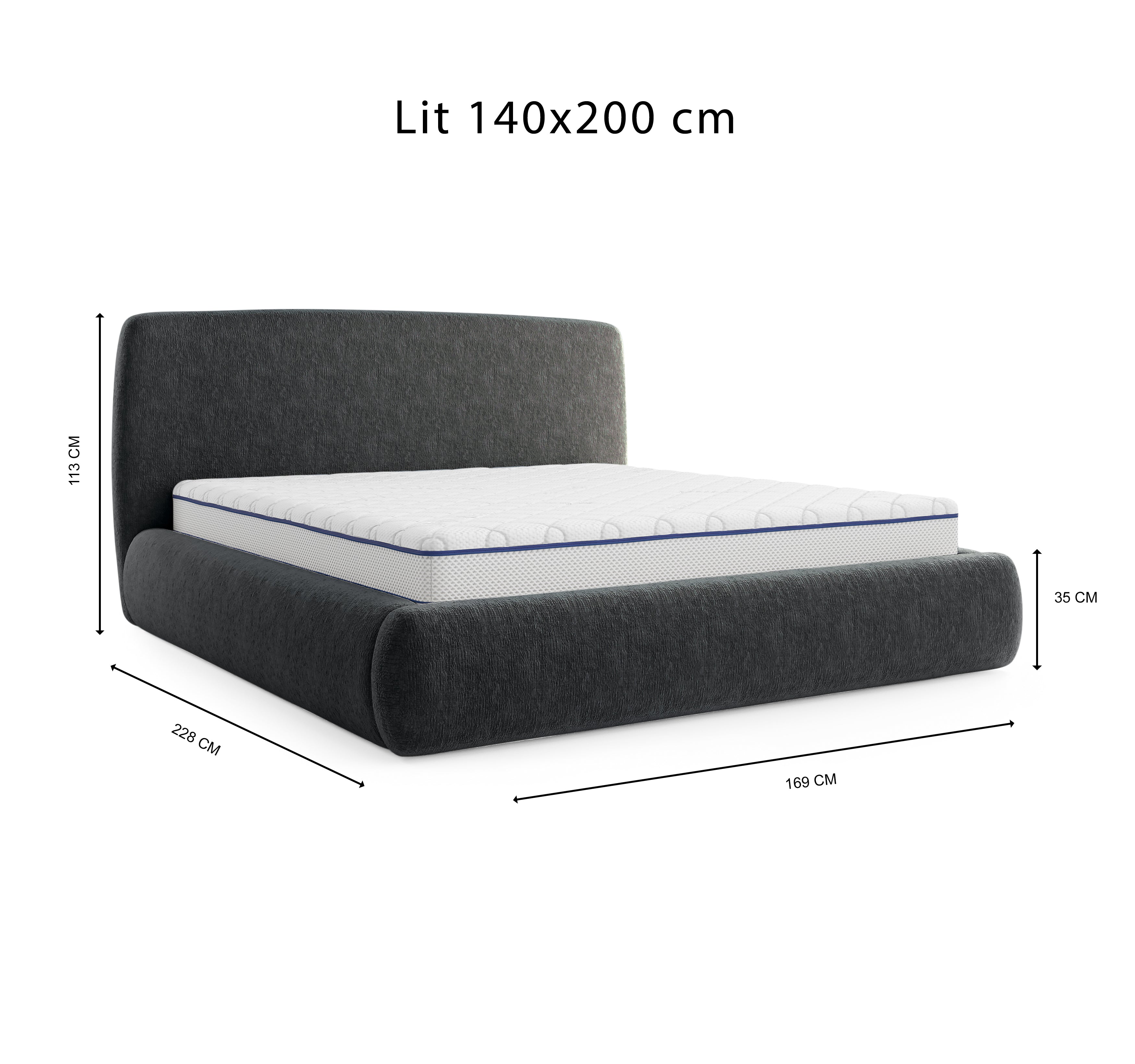 Lit Jeûneurs 140x200 en tissu chenille anthracite Paname Avenue, schéma des dimensions du lit