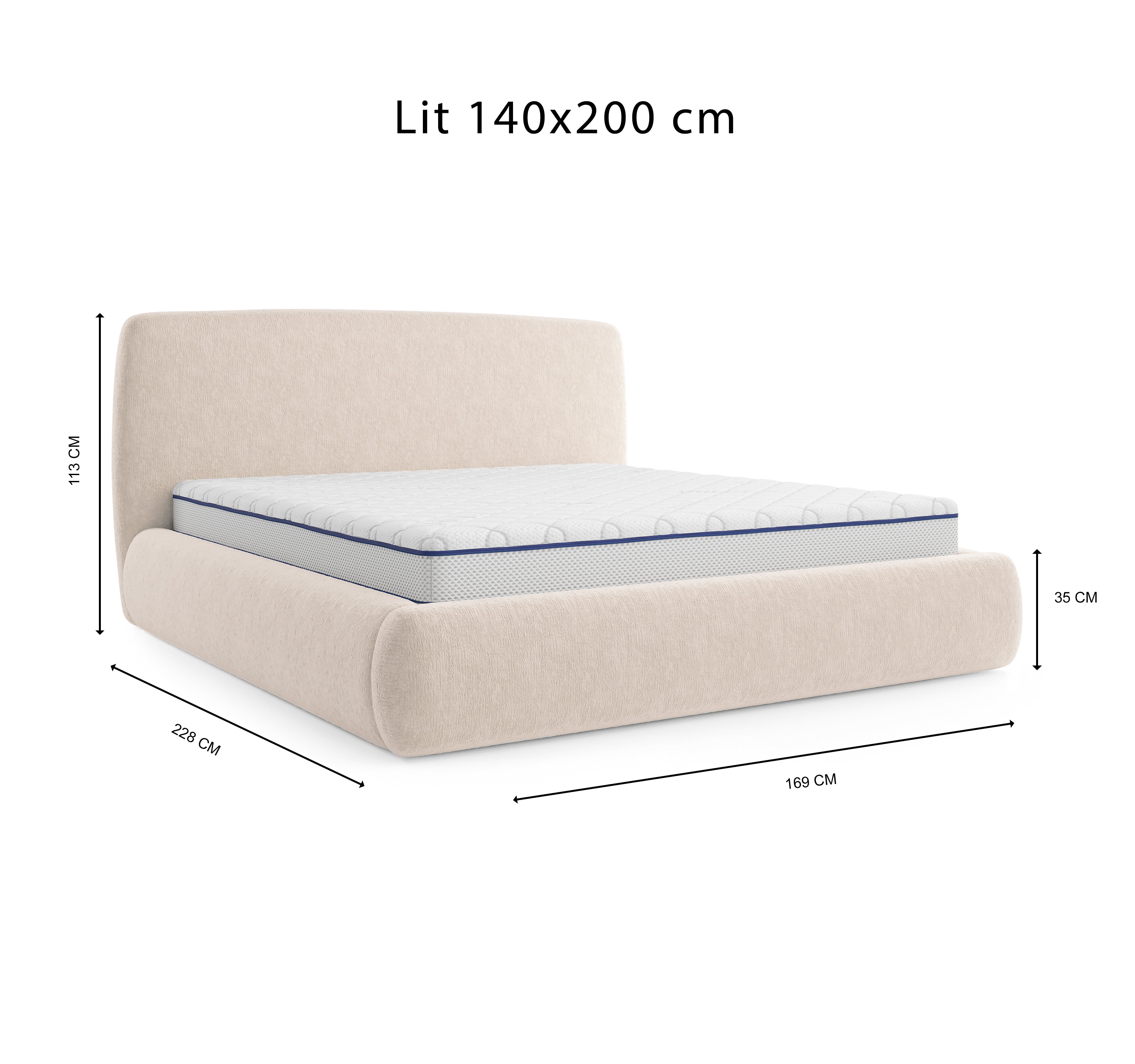 Lit Jeûneurs 140x200 en tissu chenille beige Paname Avenue, schéma des dimensions du lit