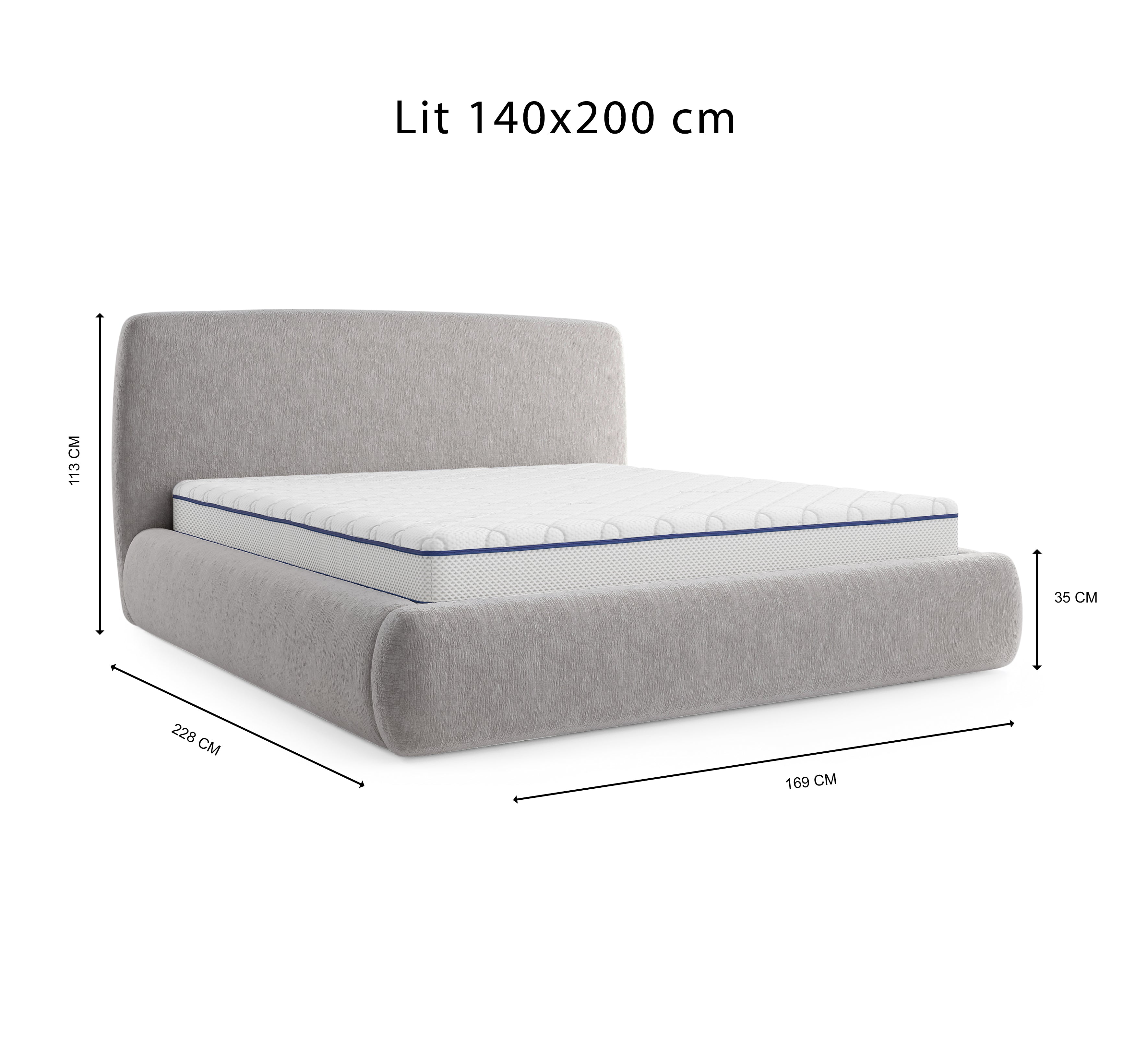 Lit Jeûneurs 140x200 en tissu chenille gris clair Paname Avenue, schéma des dimensions du lit