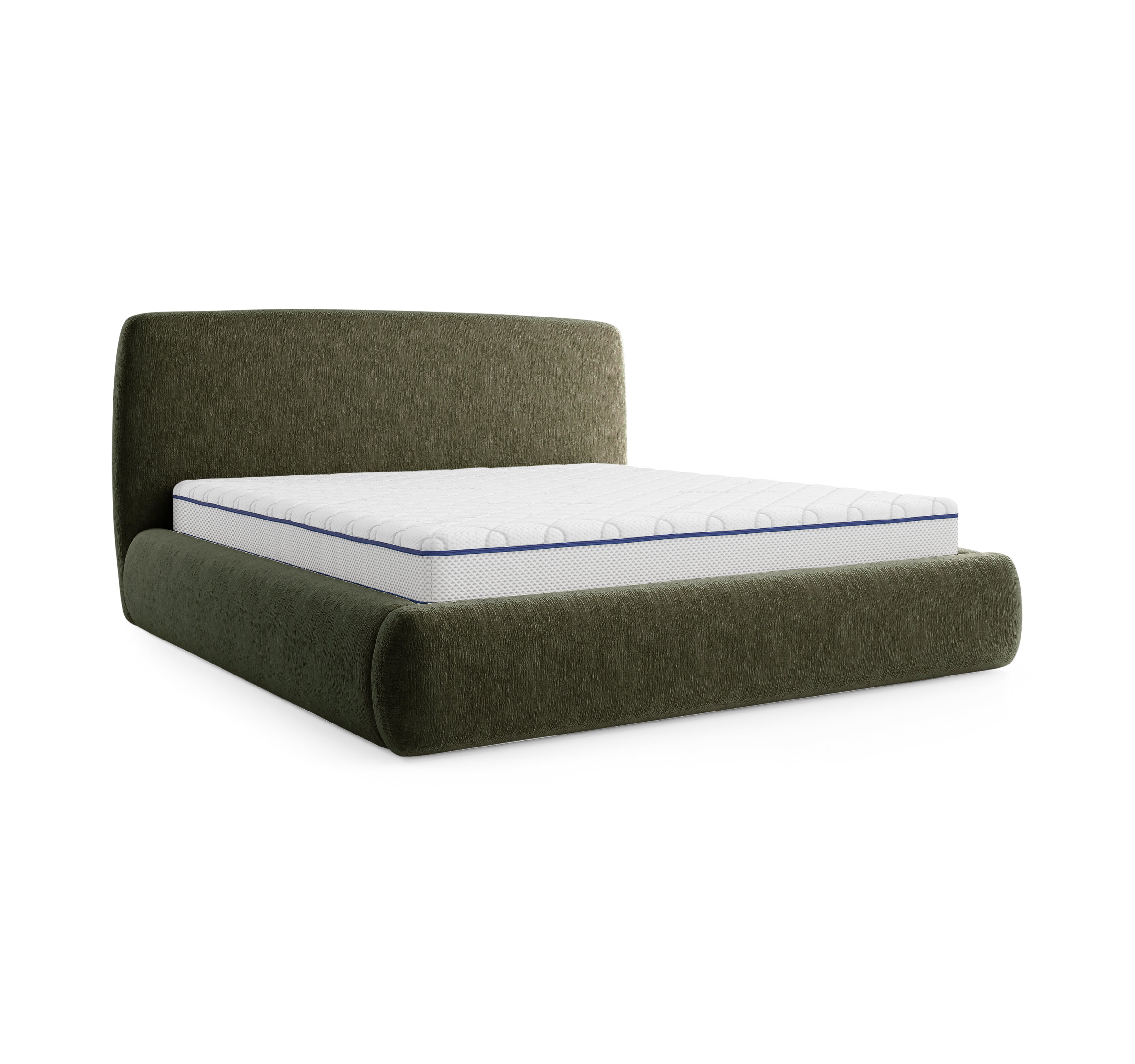 Lit Jeûneurs 140x200 en tissu chenille vert olive Paname Avenue, vue trois-quarts sur fond blanc