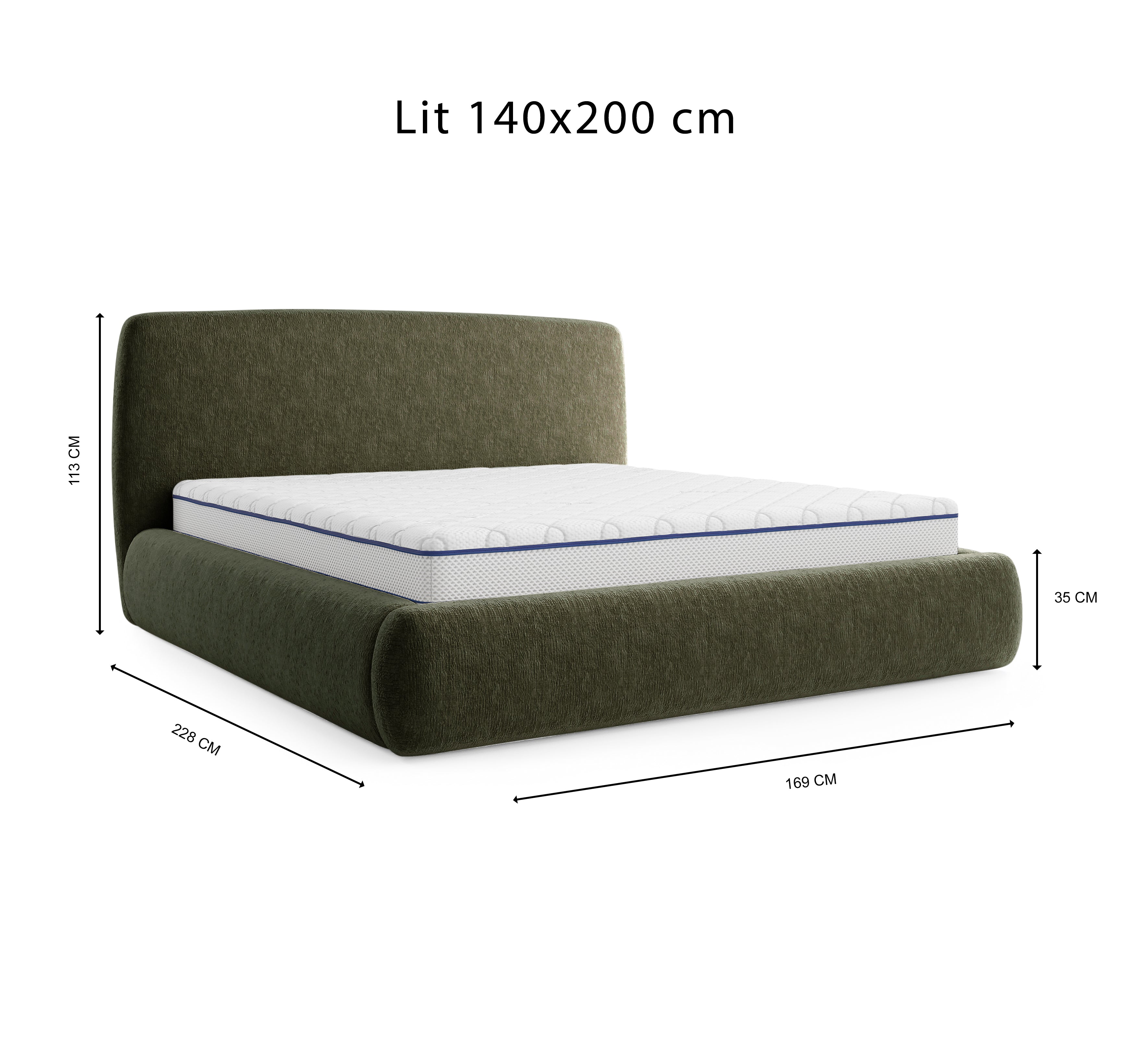 Lit Jeûneurs 140x200 en tissu chenille vert olive Paname Avenue, schéma des dimensions du lit
