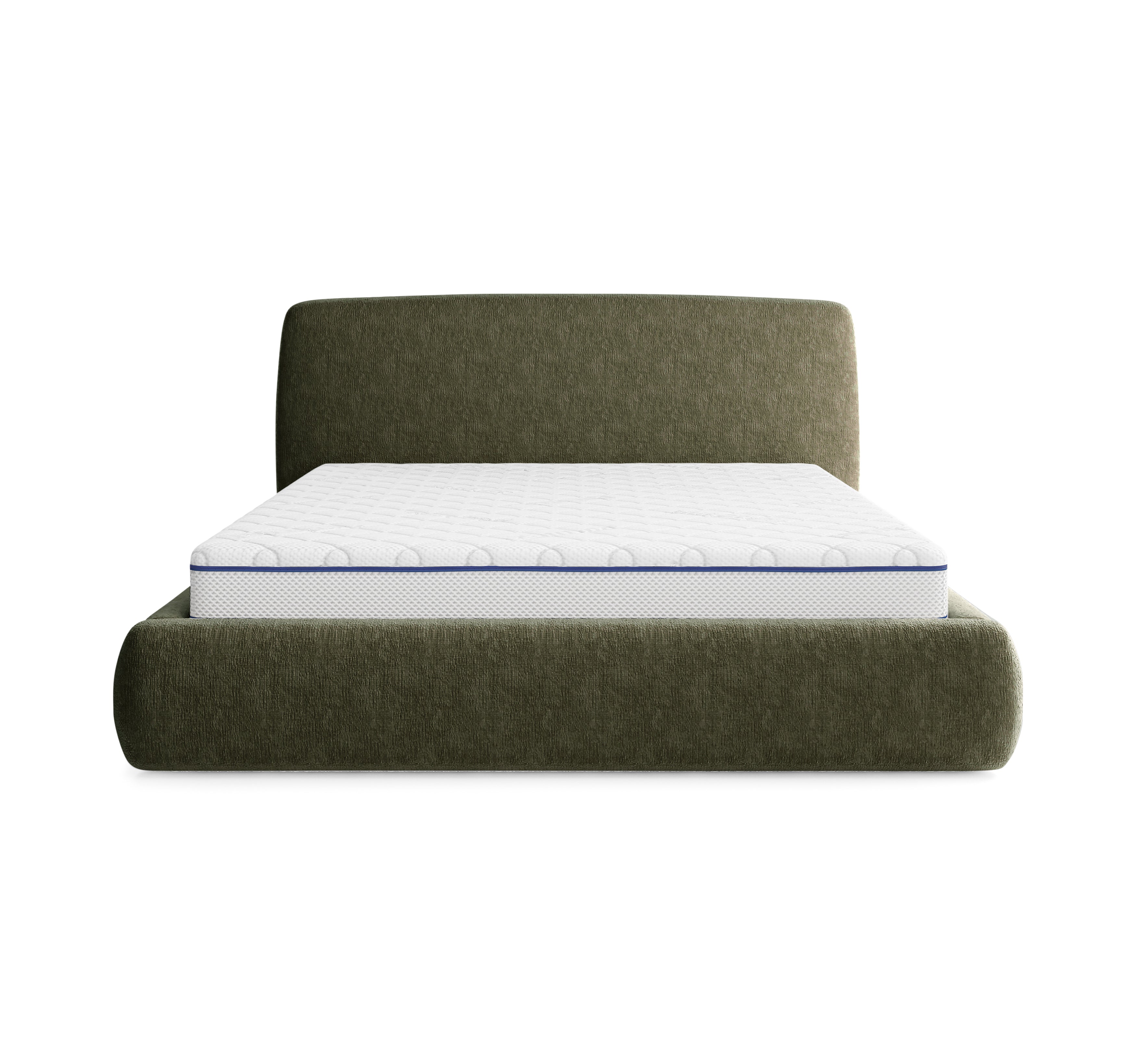 Lit Jeûneurs 140x200 en tissu chenille vert olive Paname Avenue, vue de face sur fond blanc
