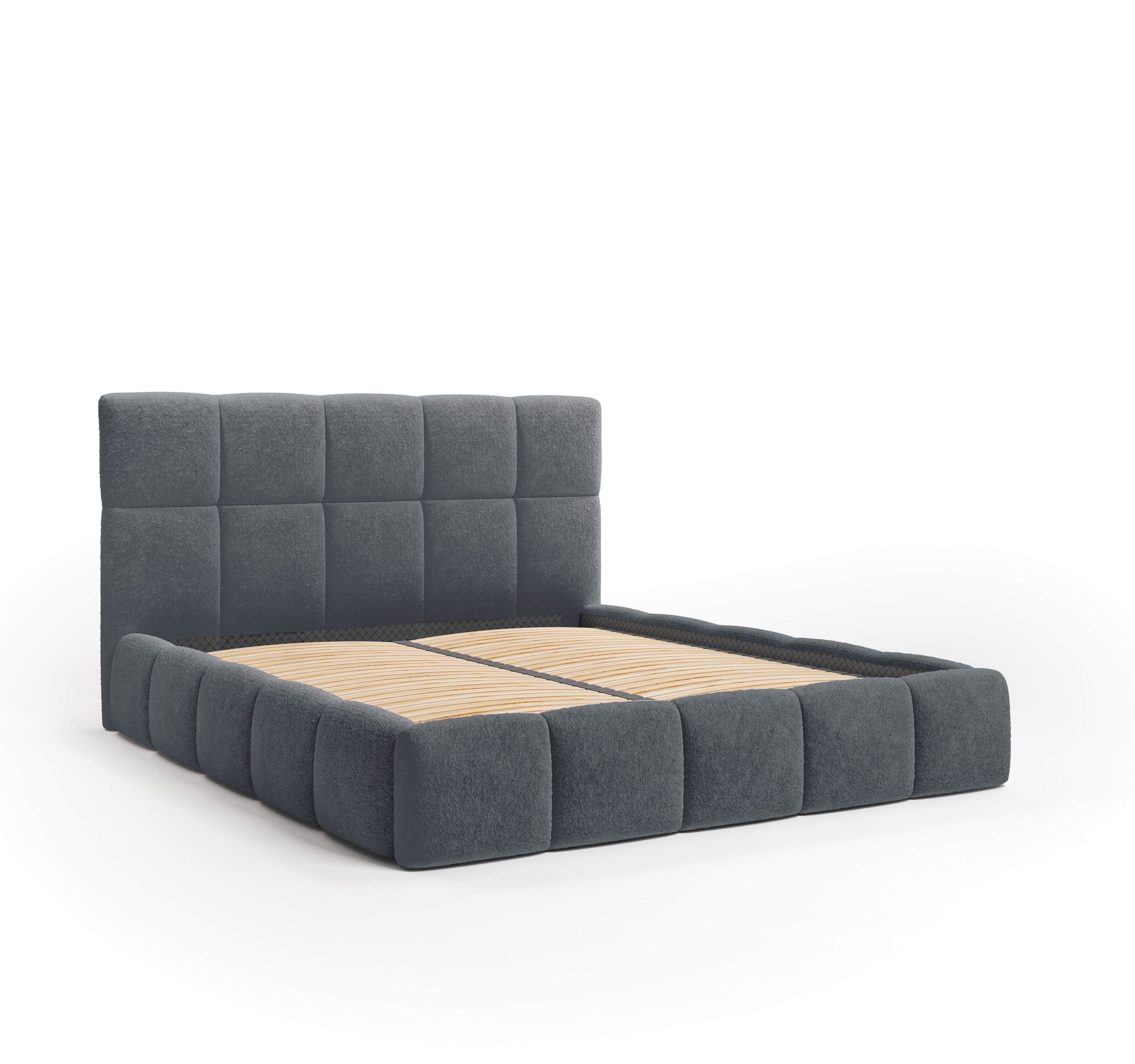 Lit Ravignan 140x200 en tissu peluche poil court anthracite Paname Avenue, vue trois-quarts sans matelas sur fond blanc