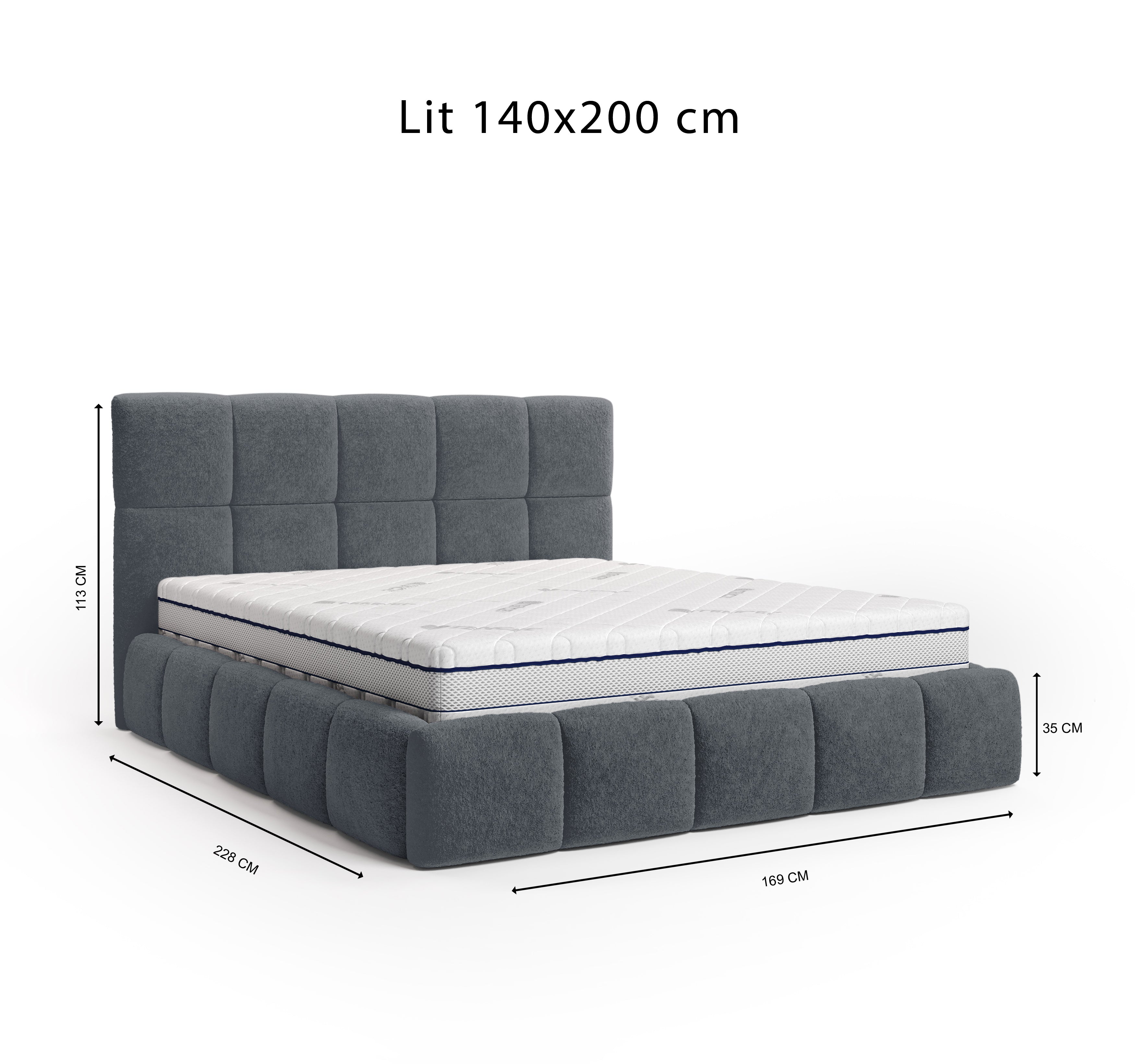 Lit Ravignan 140x200 en tissu peluche poil court anthracite Paname Avenue, schéma des dimensions du lit