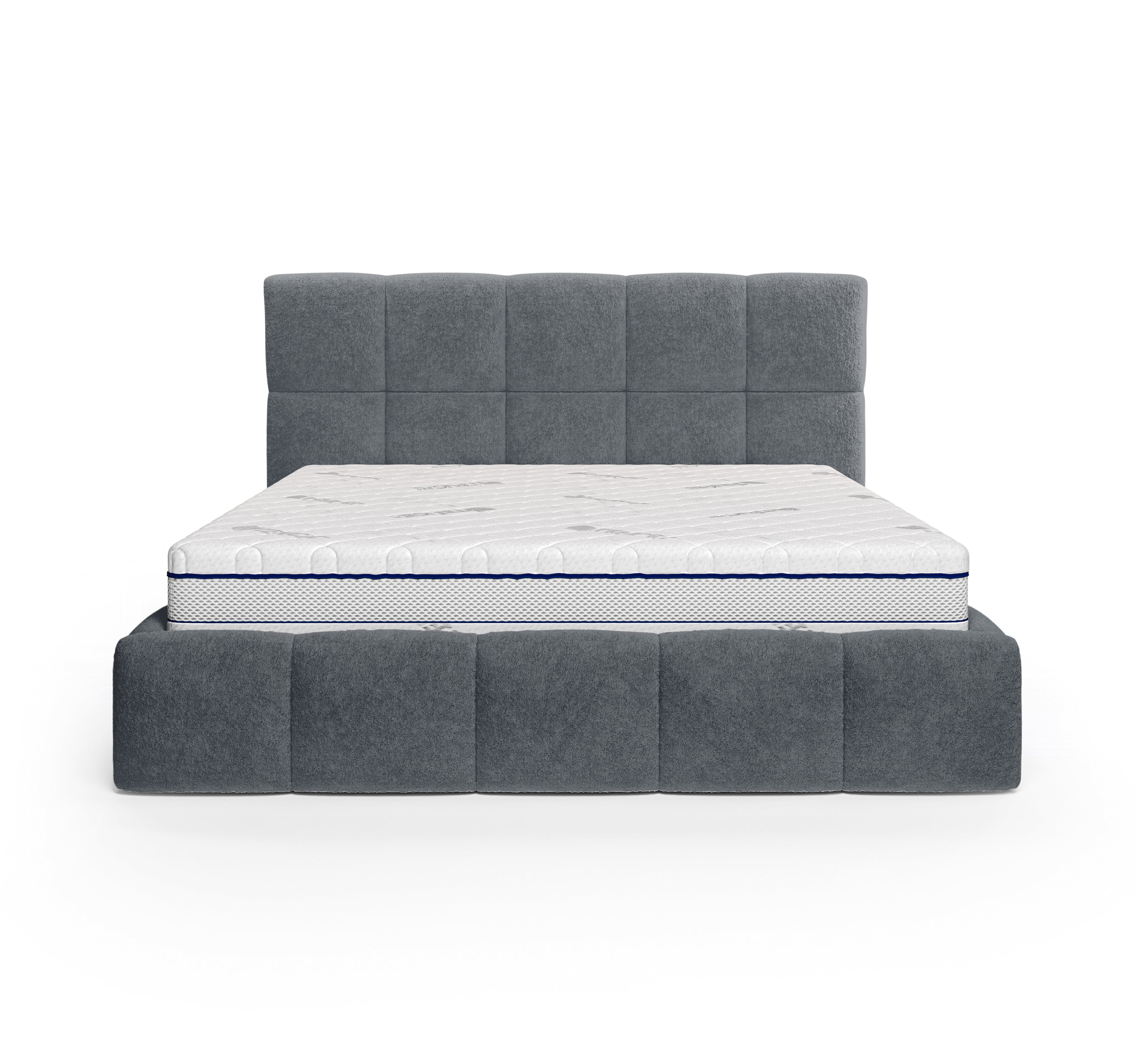 Lit Ravignan 140x200 en tissu peluche poil court anthracite Paname Avenue, vue de face sur fond blanc