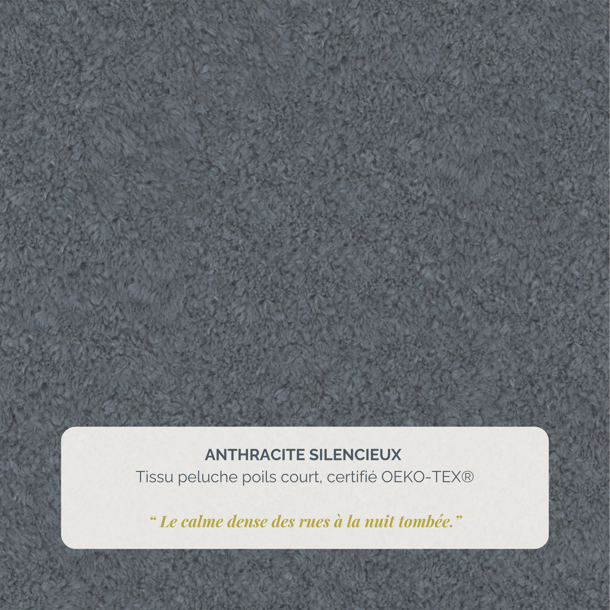 Lit Ravignan 140x200 en tissu peluche poil court anthracite Paname Avenue, détail de la texture du revêtement
