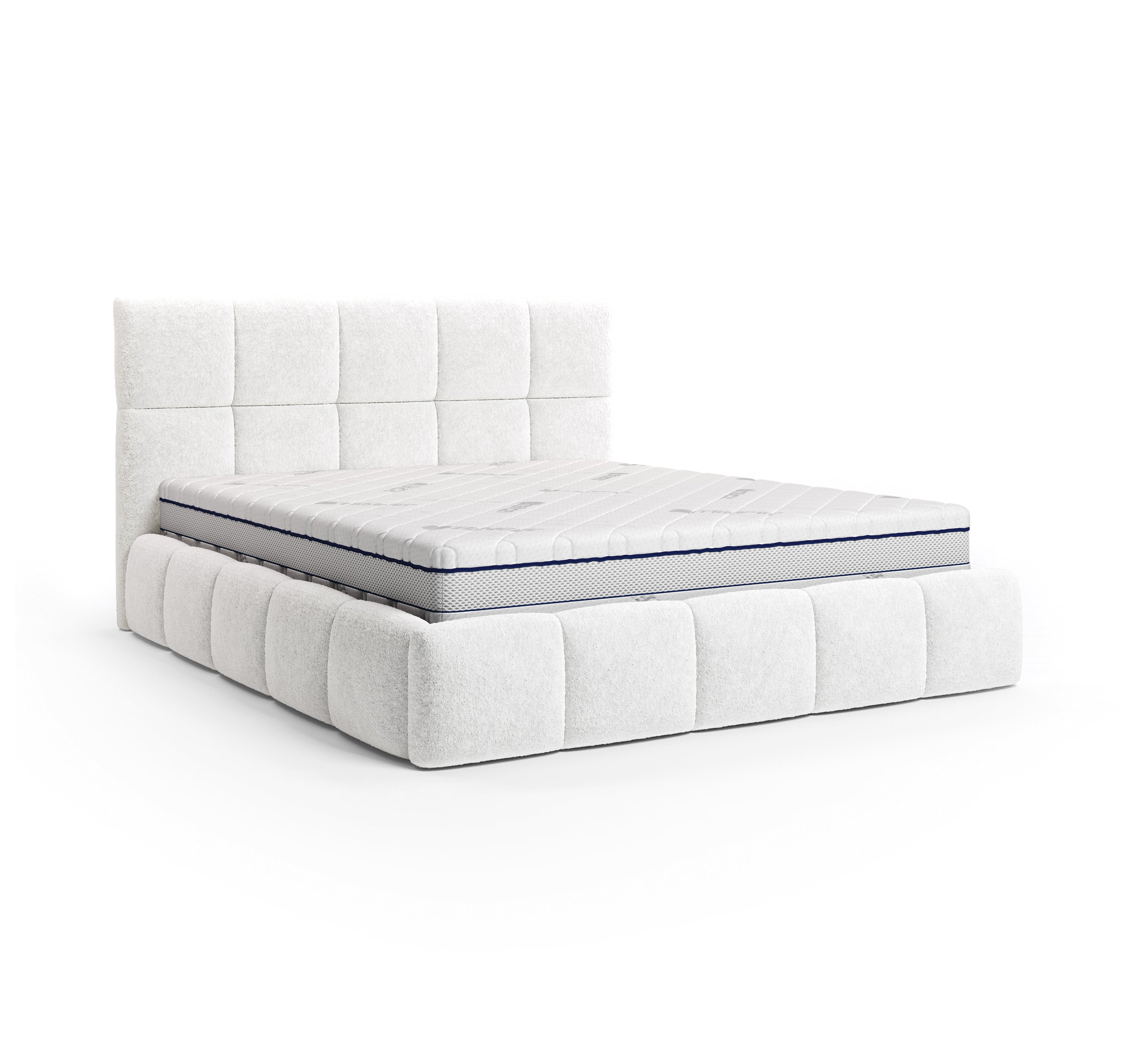 Lit Ravignan 140x200 en tissu peluche poil court blanc Paname Avenue, vue trois-quarts sur fond blanc