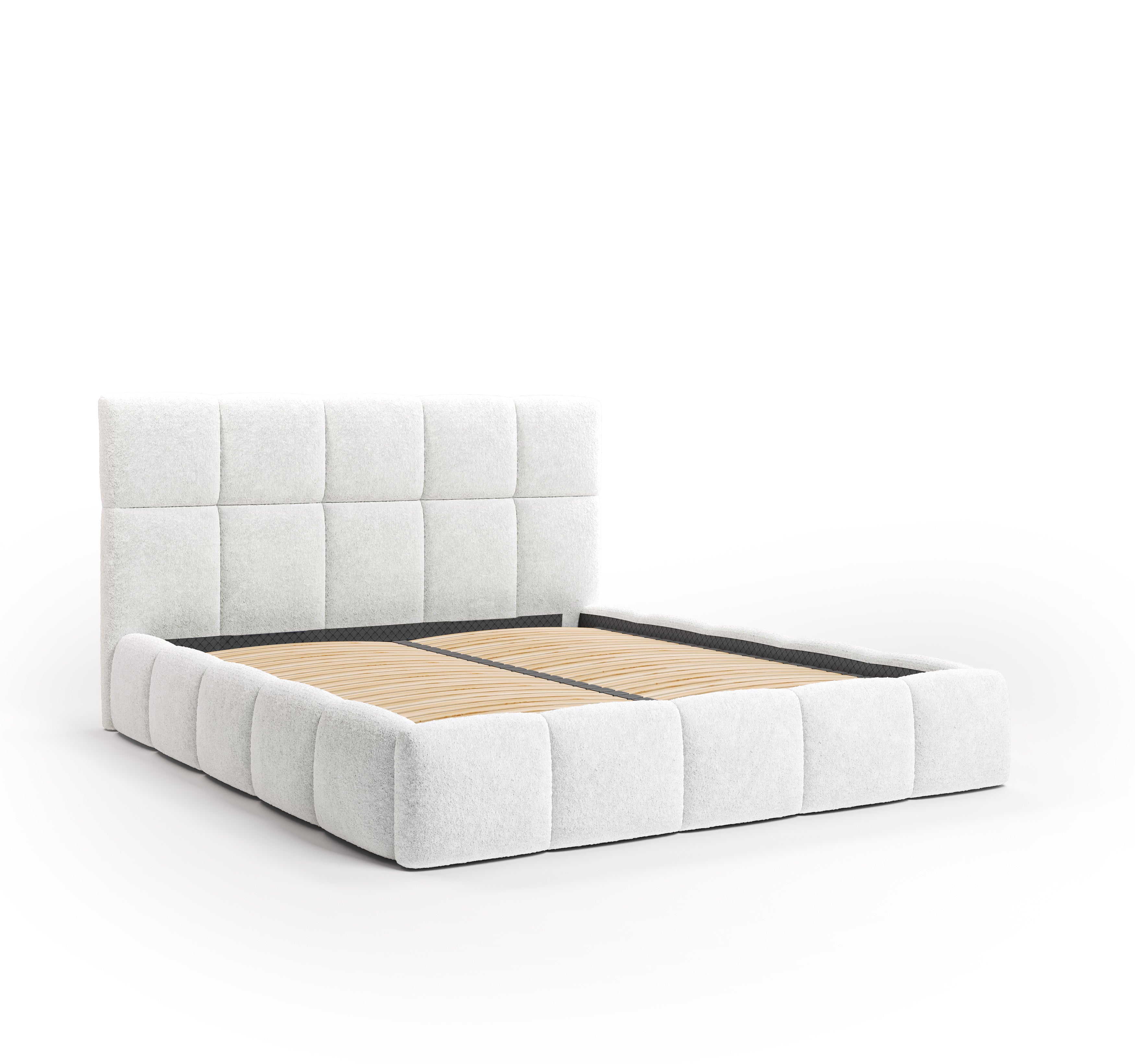 Lit Ravignan 140x200 en tissu peluche poil court blanc Paname Avenue, vue trois-quarts sans matelas sur fond blanc