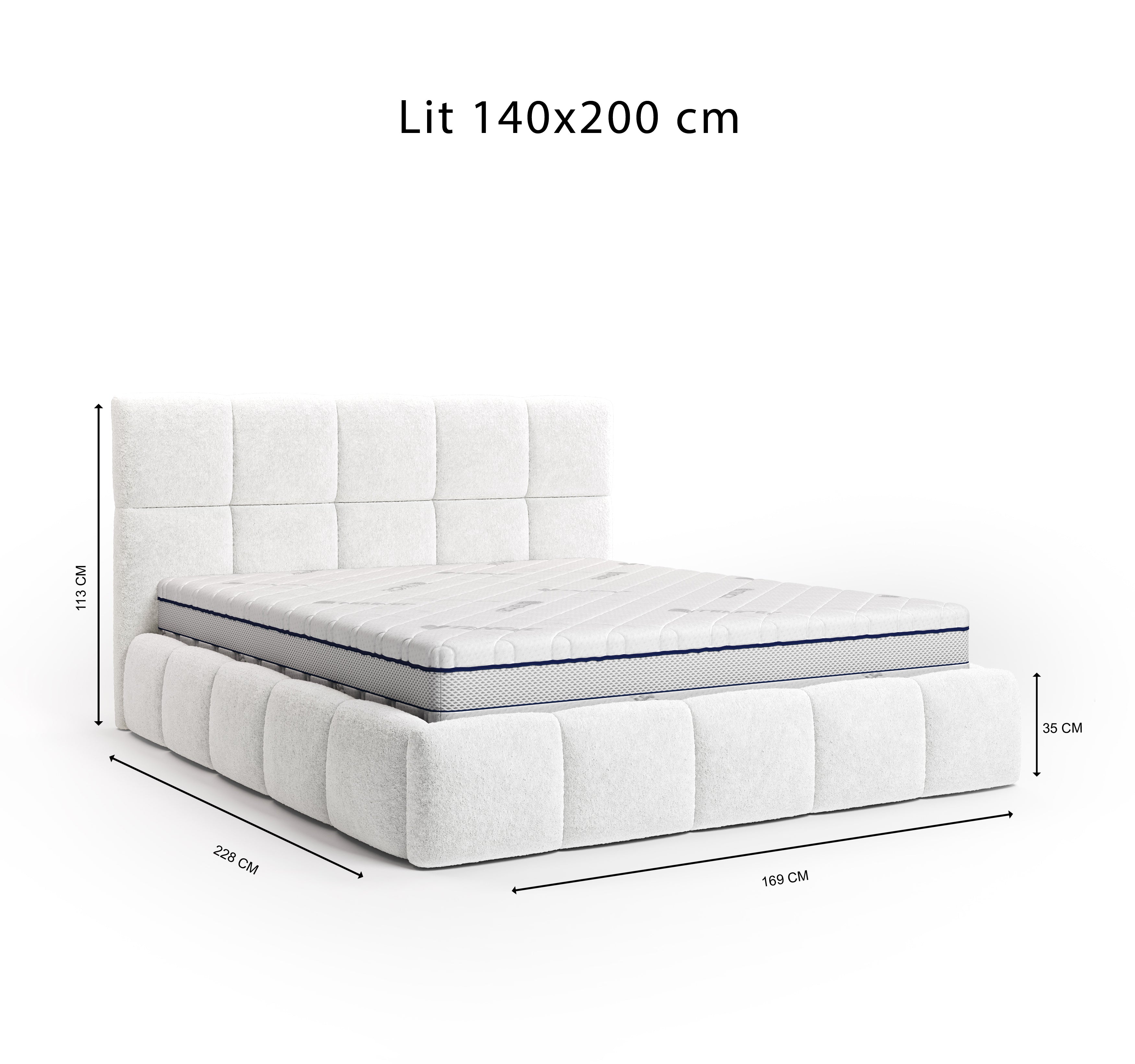 Lit Ravignan 140x200 en tissu peluche poil court blanc Paname Avenue, schéma des dimensions du lit