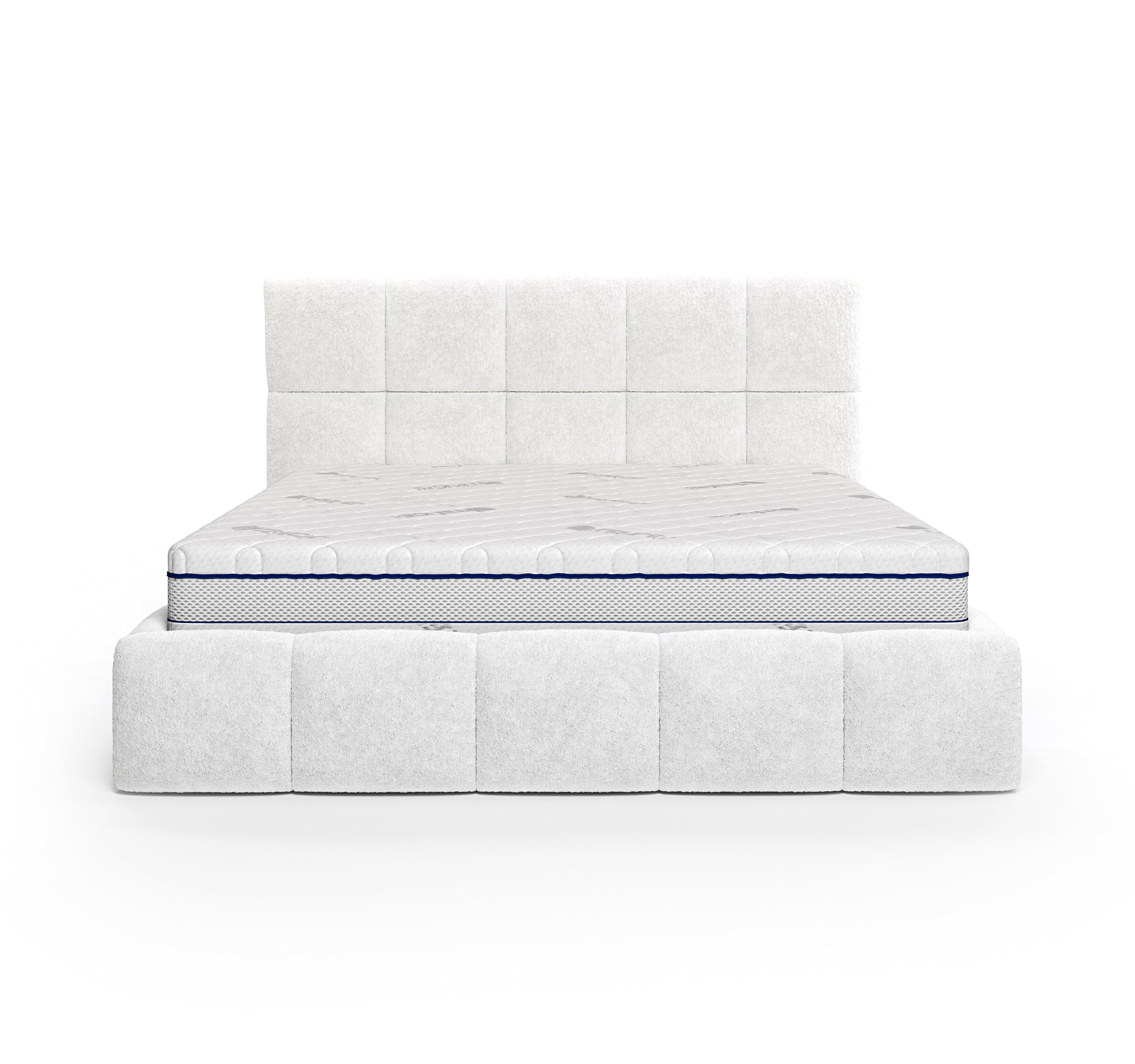Lit Ravignan 140x200 en tissu peluche poil court blanc Paname Avenue, vue de face sur fond blanc