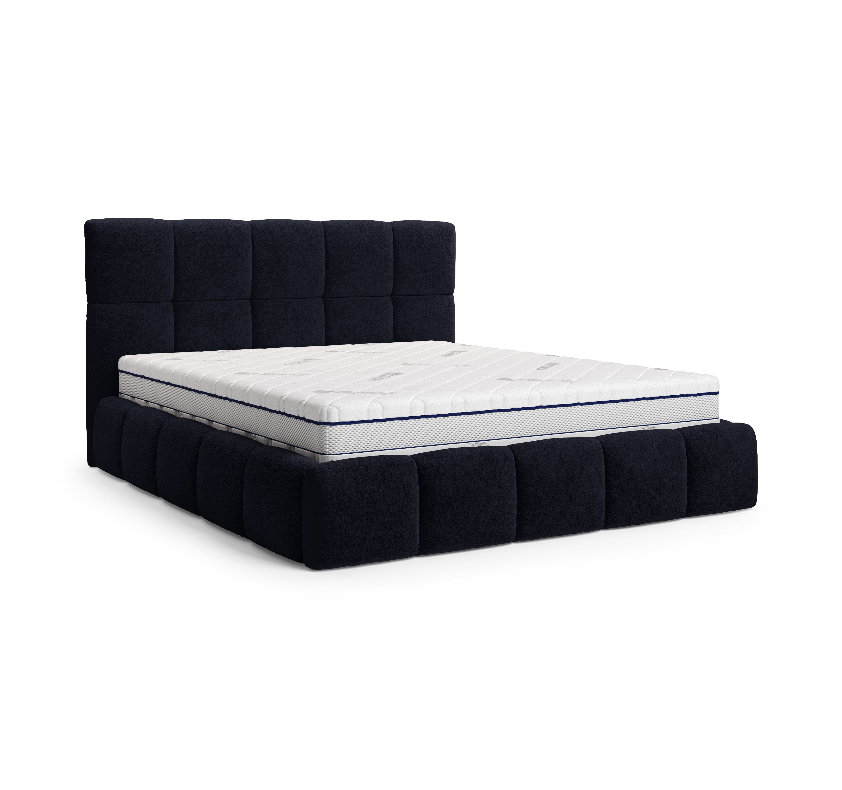 Lit Ravignan 140x200 en tissu peluche poil court bleu Paname Avenue, vue trois-quarts sur fond blanc