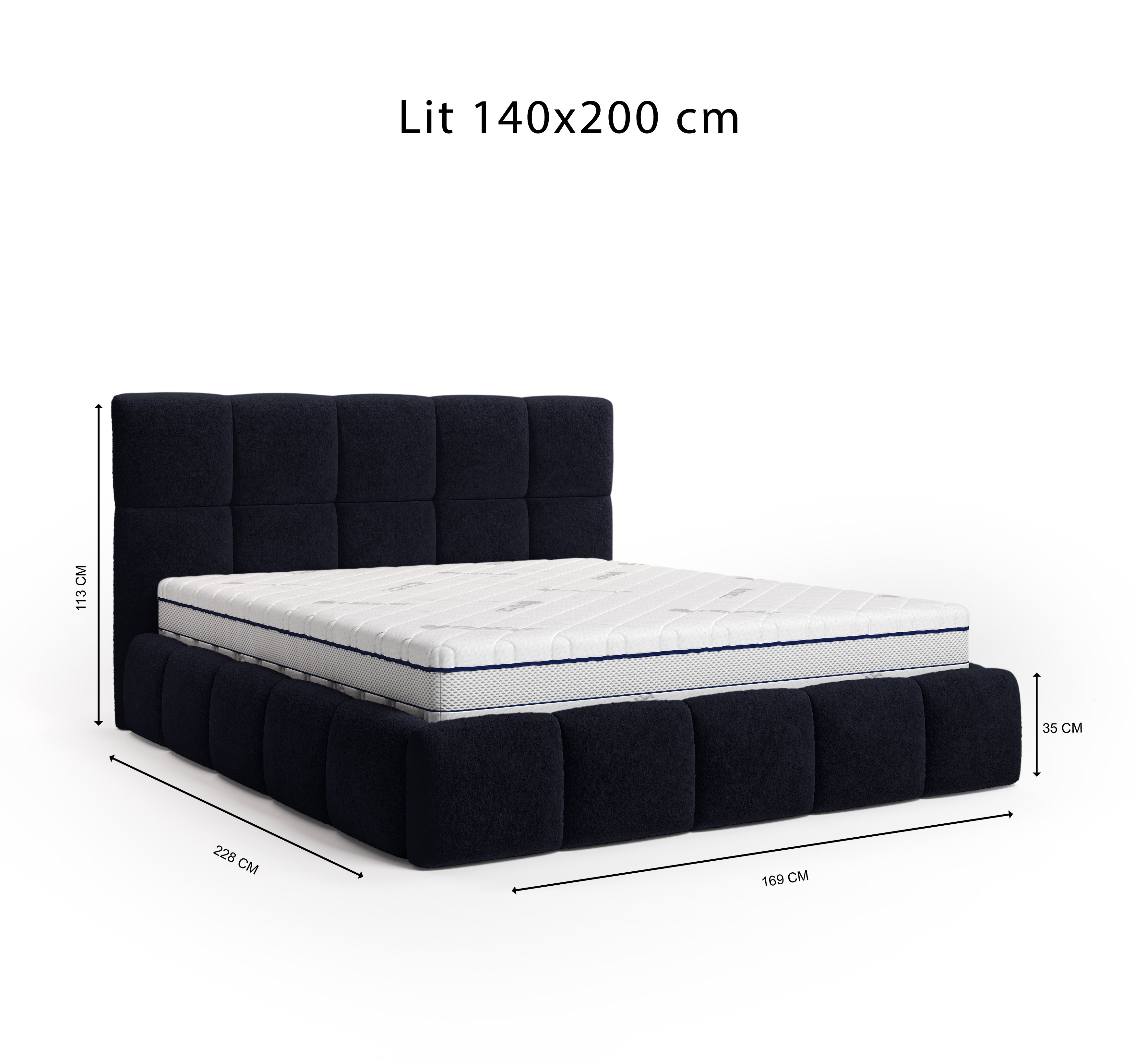 Lit Ravignan 140x200 en tissu peluche poil court bleu Paname Avenue, schéma des dimensions du lit